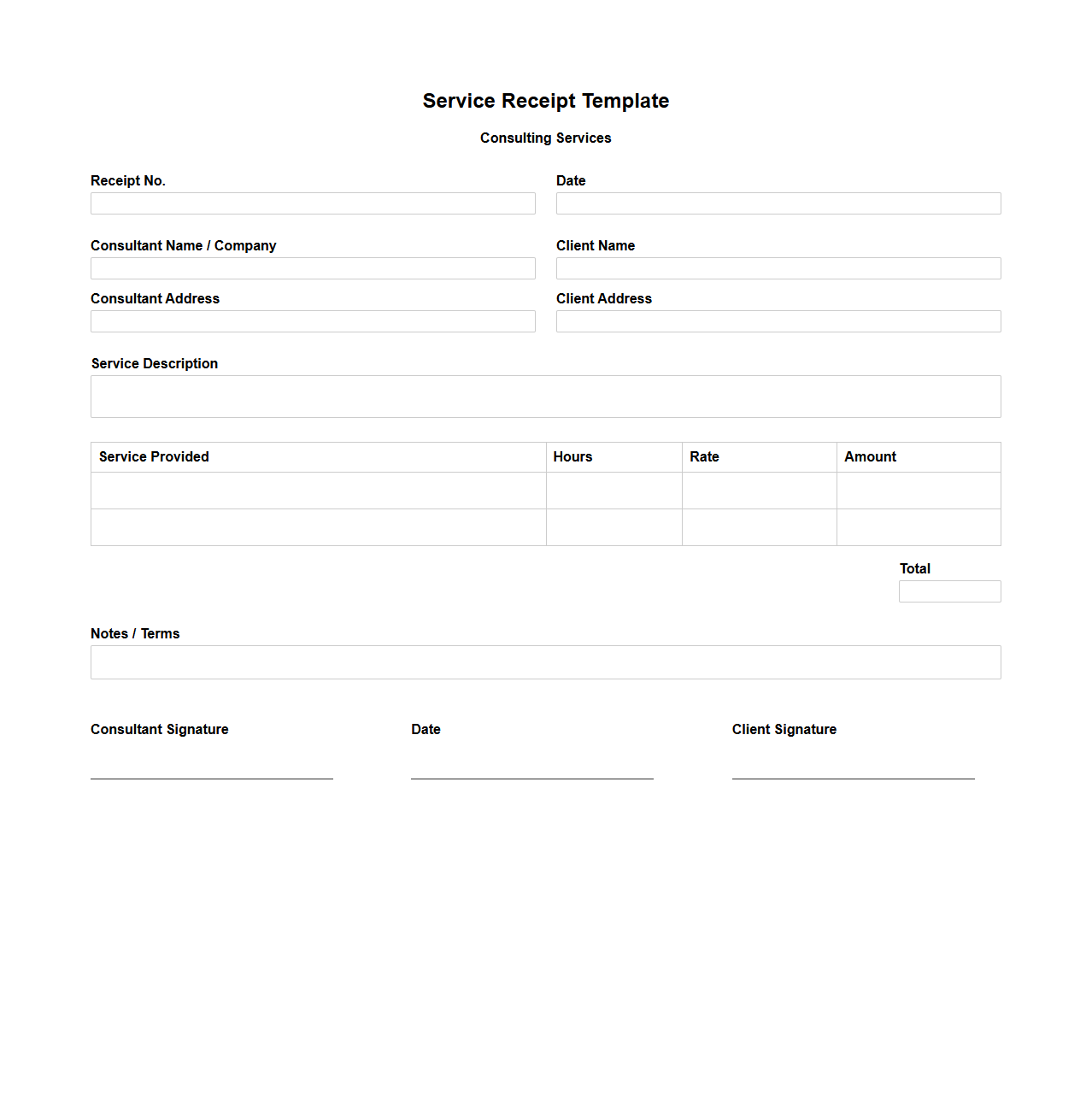 Blank Service Receipt Template for Consulting Services