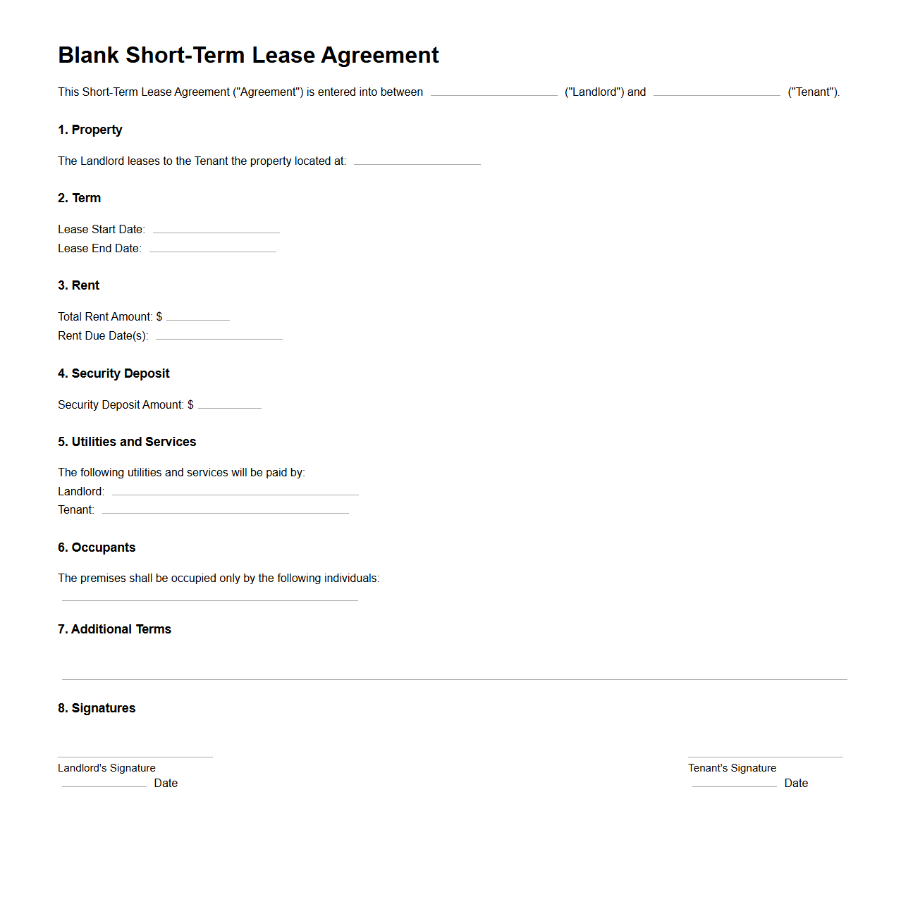 Blank Short-Term Lease Agreement