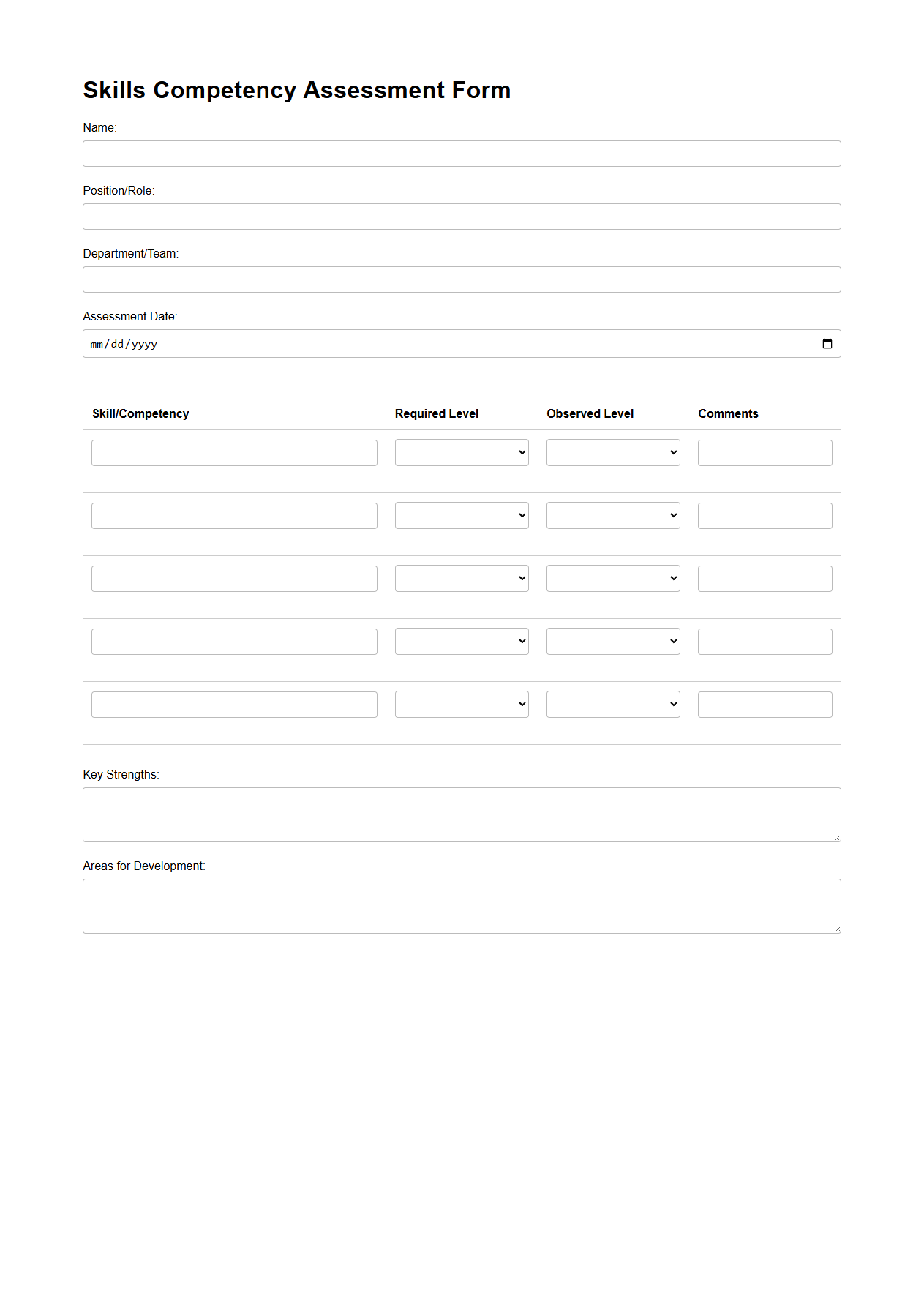 Blank Skills Competency Assessment Form Template