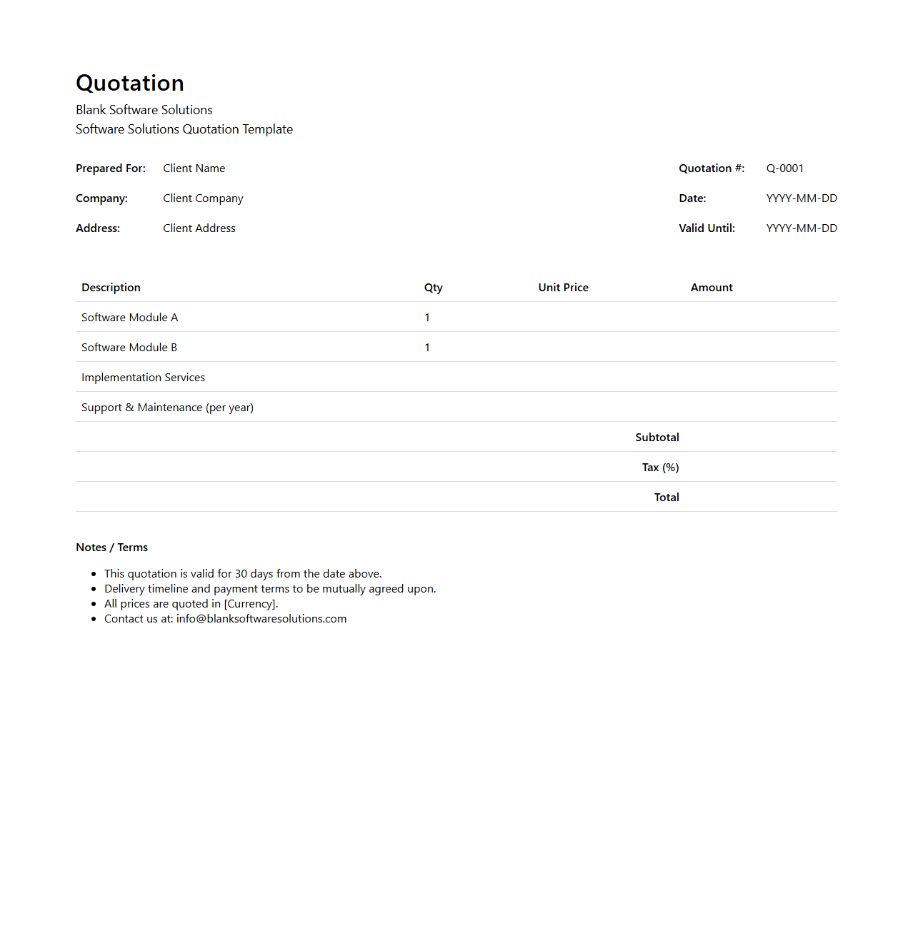 Blank Software Solutions Quotation Template