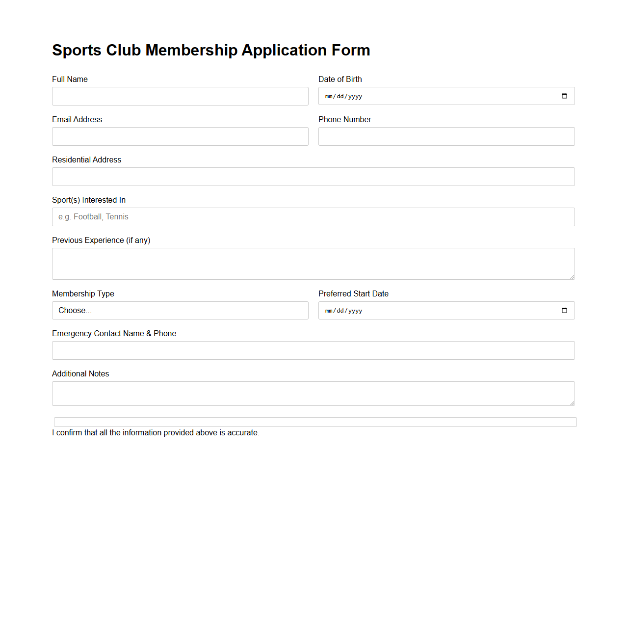 Blank Sports Club Membership Application Form
