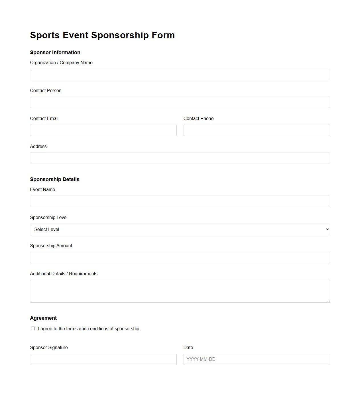 Blank Sports Event Sponsorship Form