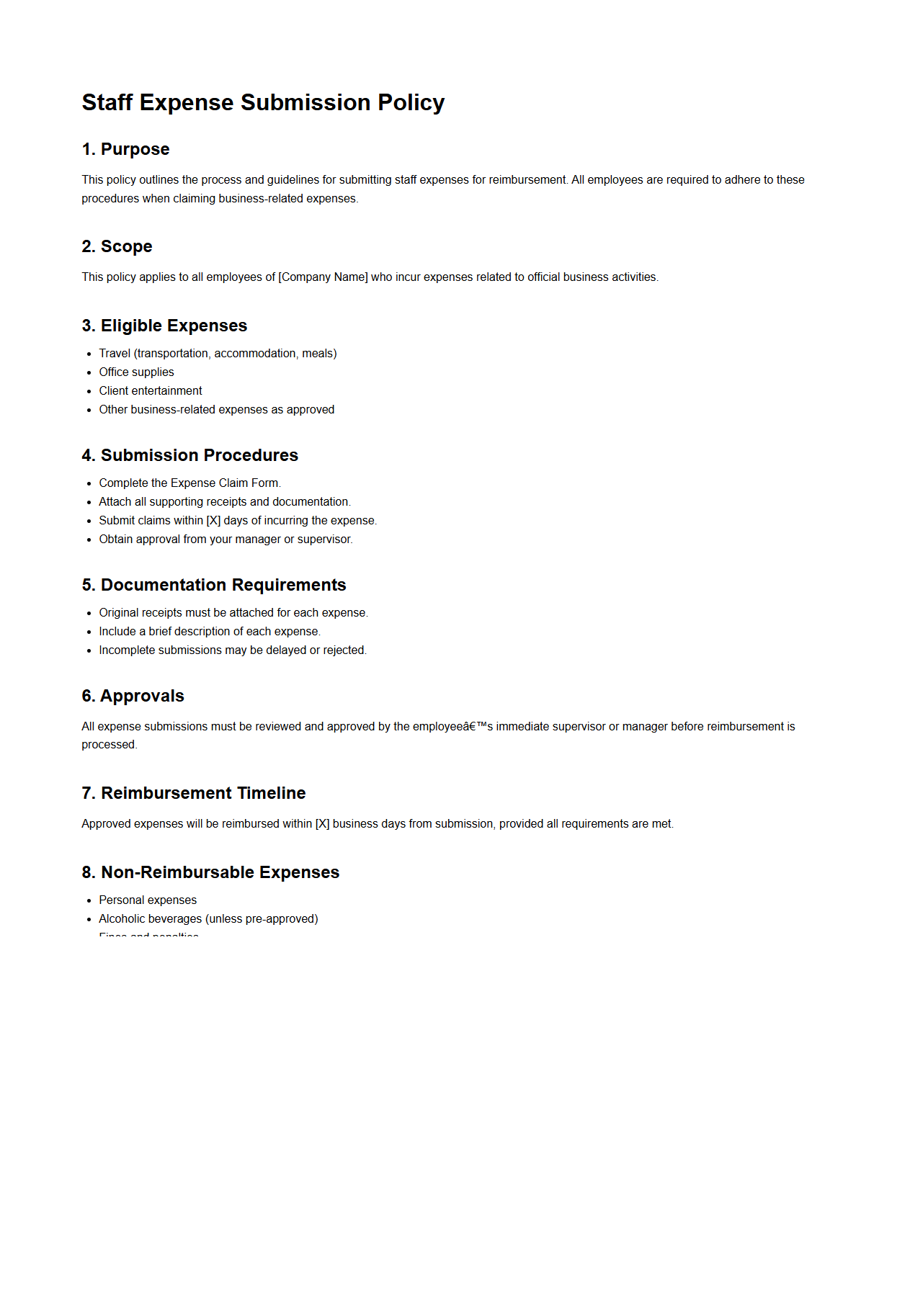 Blank Staff Expense Submission Policy Template