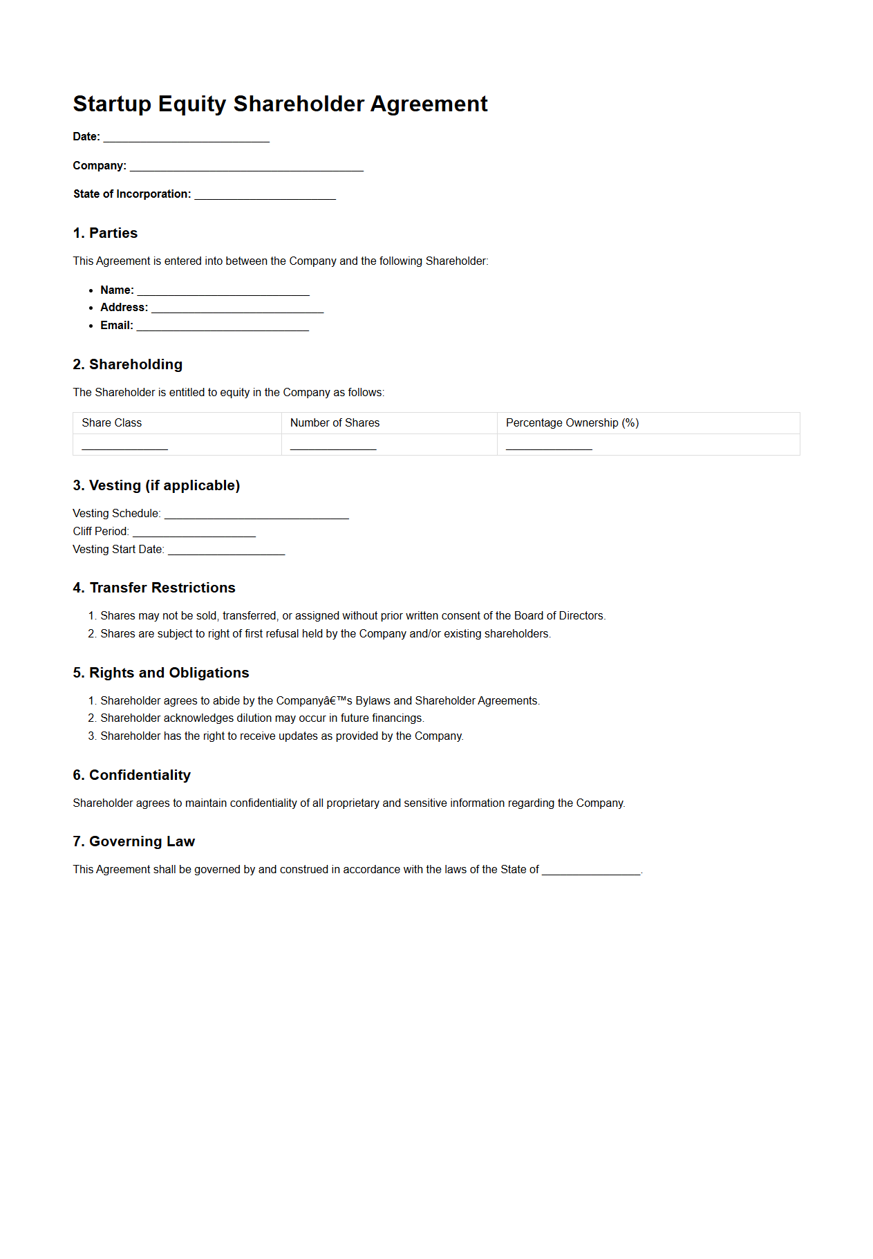 Blank Startup Equity Shareholder Agreement