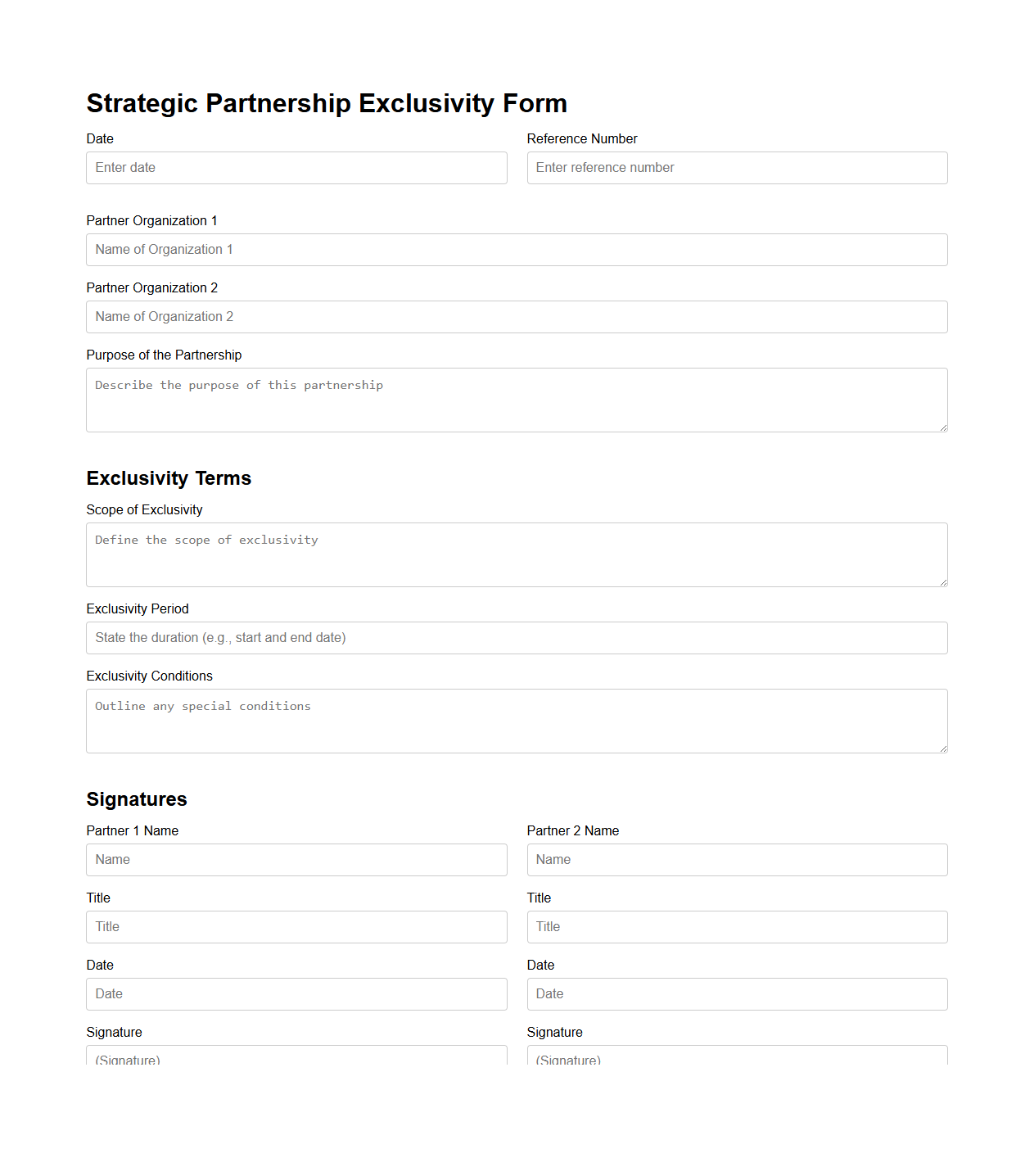 Blank Strategic Partnership Exclusivity Form