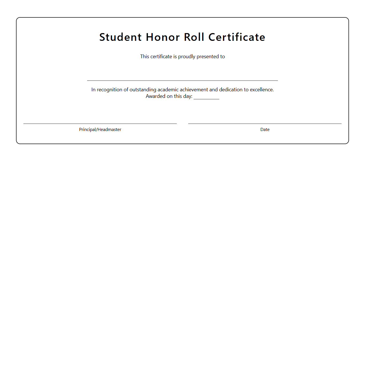 Blank Student Honor Roll Certificate Template