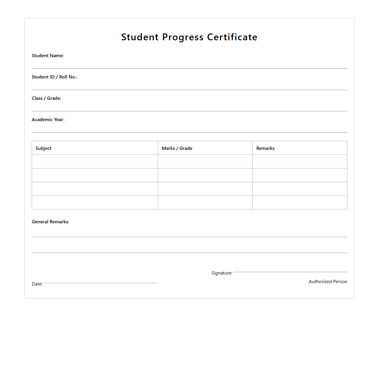 Blank Student Progress Certificate Template