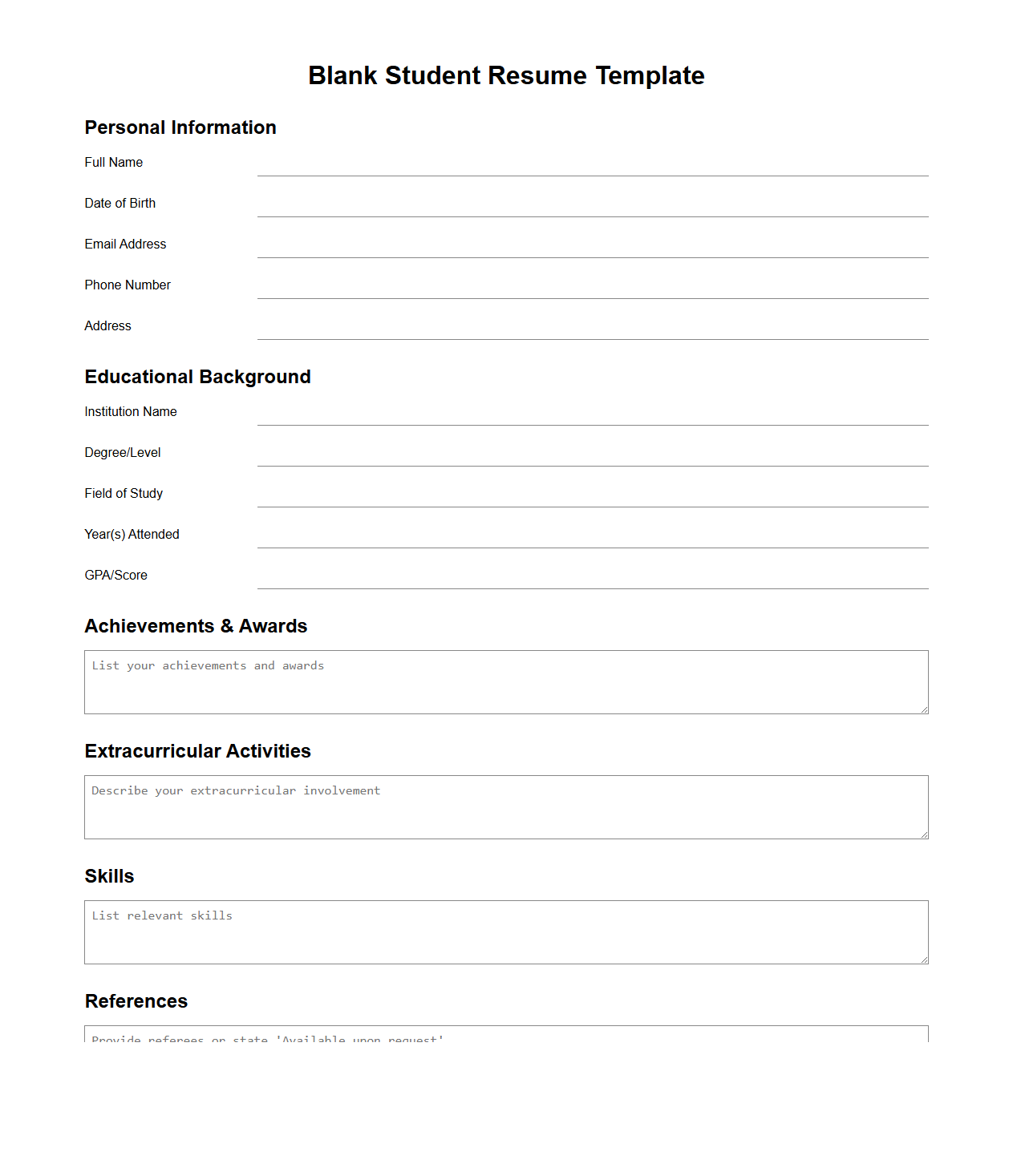 Blank Student Resume Template for Scholarship Forms