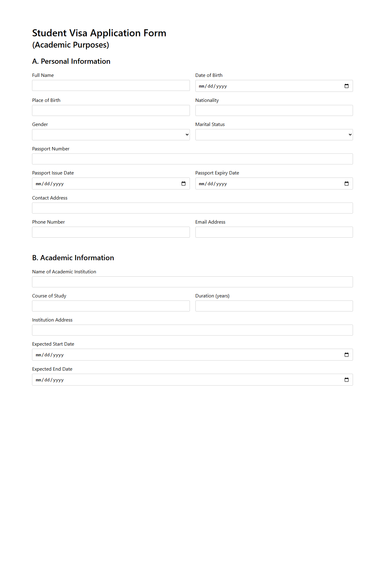 Blank Student Visa Application Form for Academic Purposes