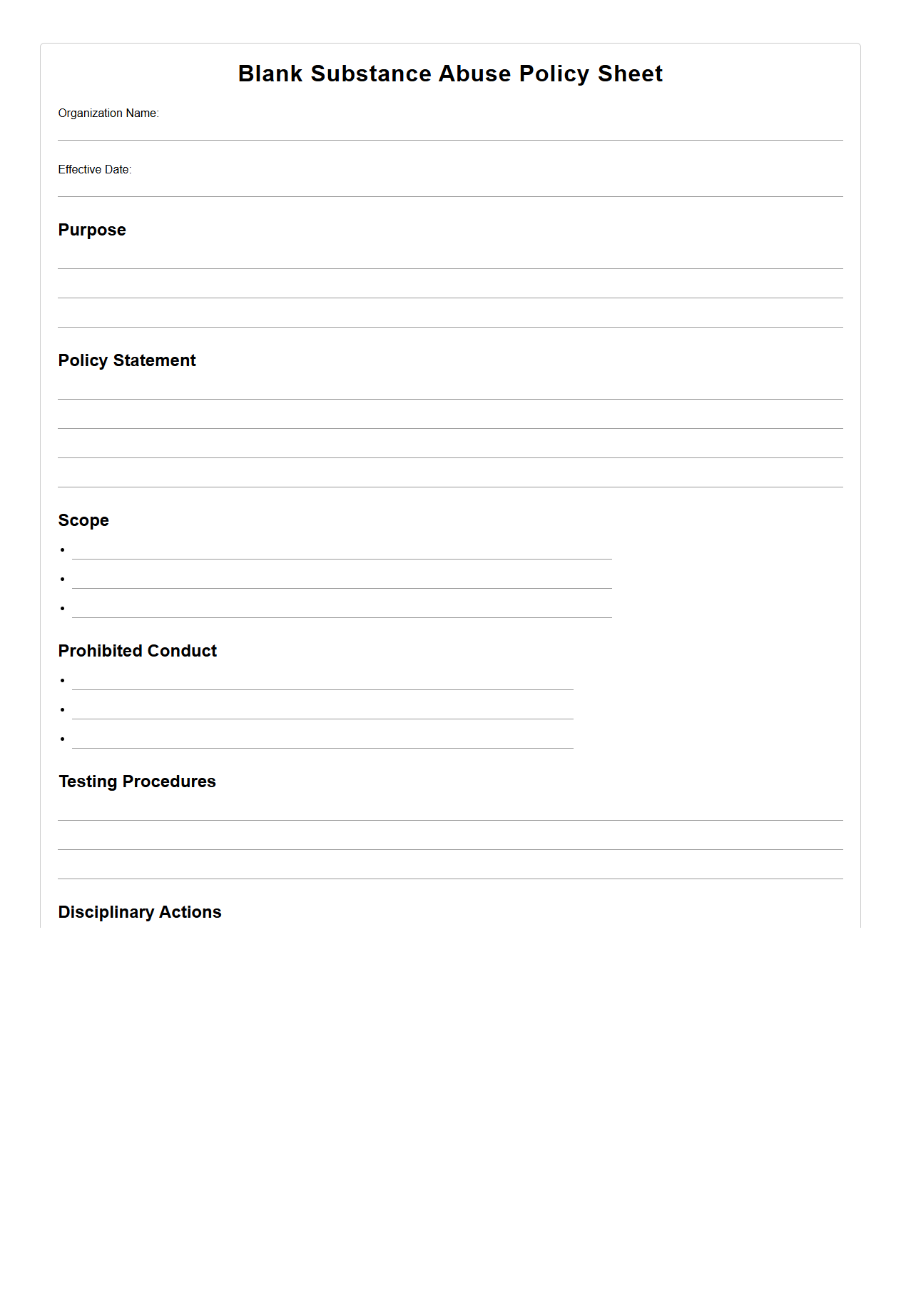 Blank Substance Abuse Policy Sheet