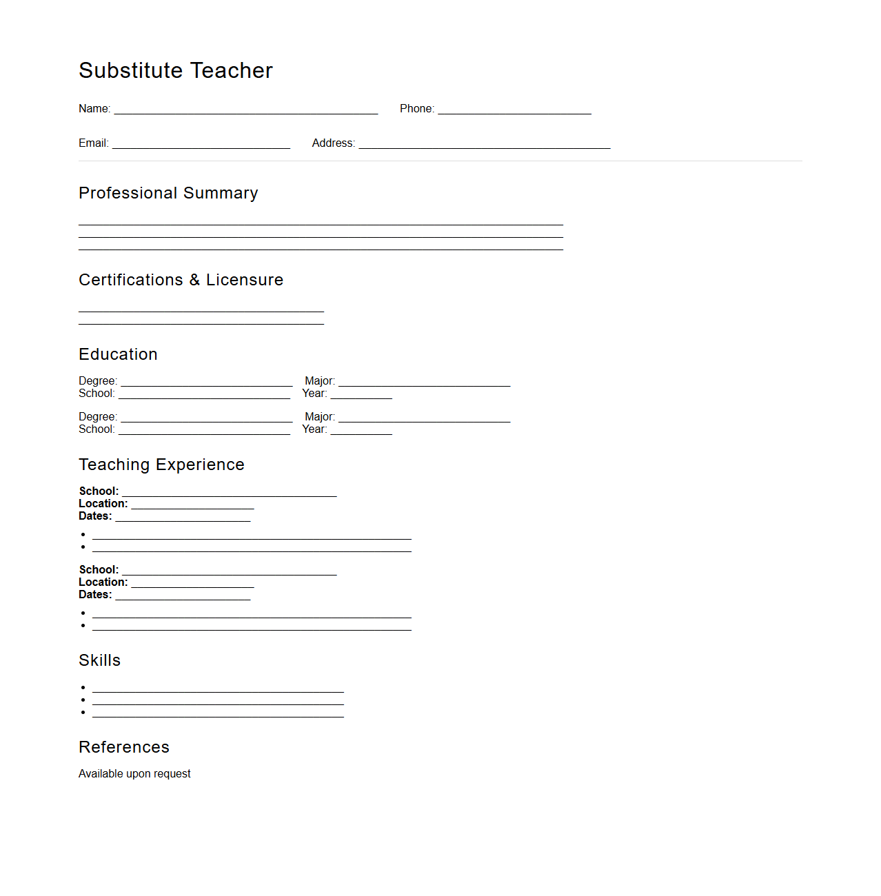 Blank Substitute Teacher Resume Template for Temporary Teaching Assignments