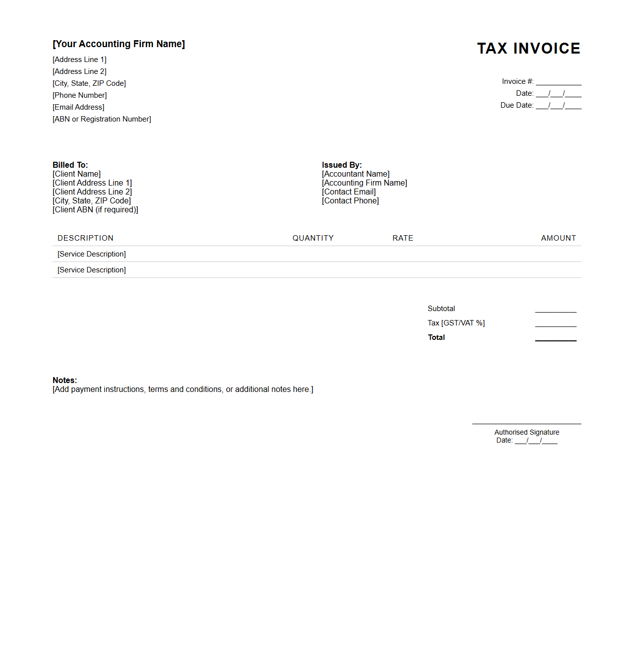 Blank Tax Invoice Template for Accountants