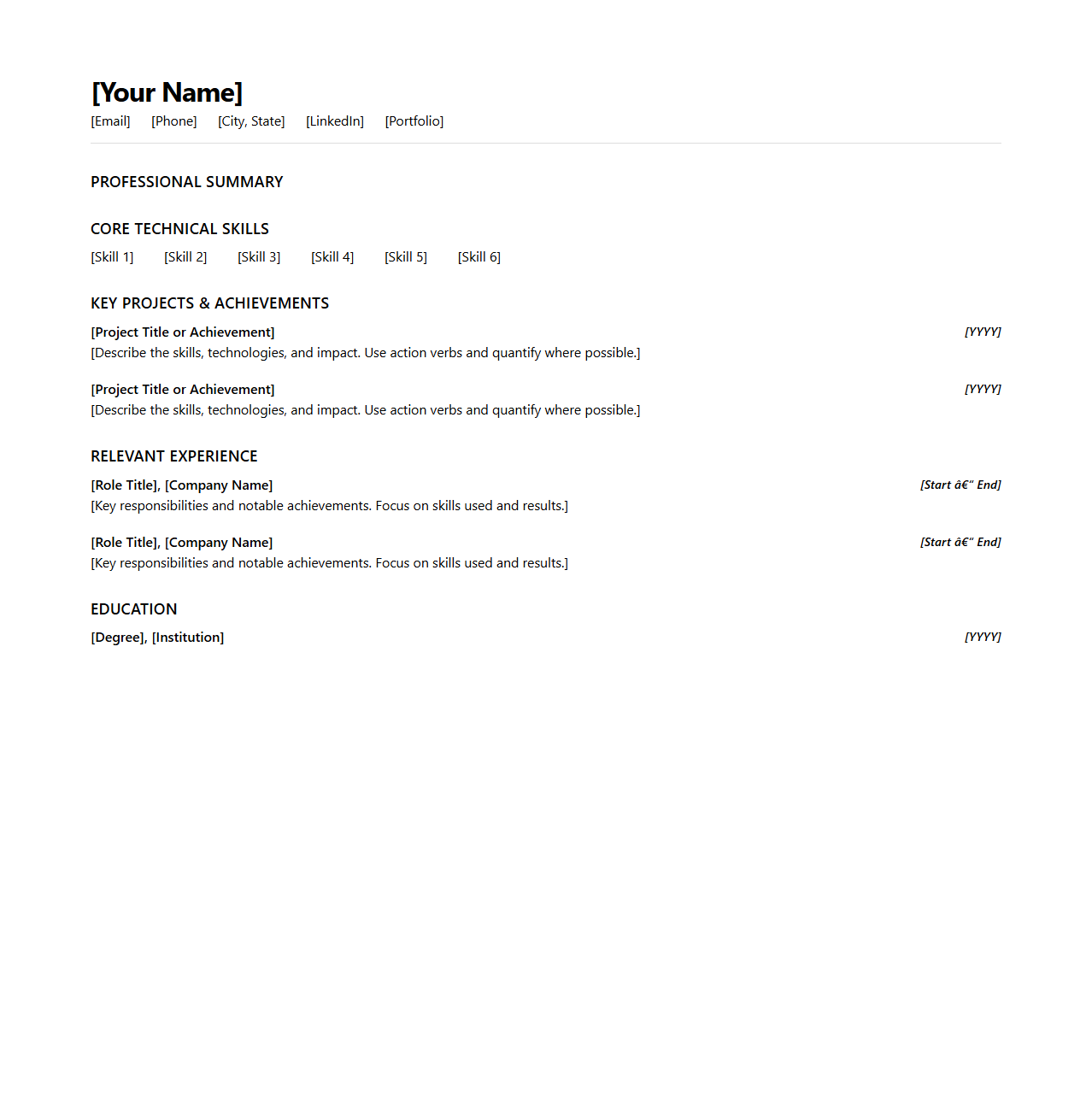 Blank Tech Specialist Skills-First Resume Design