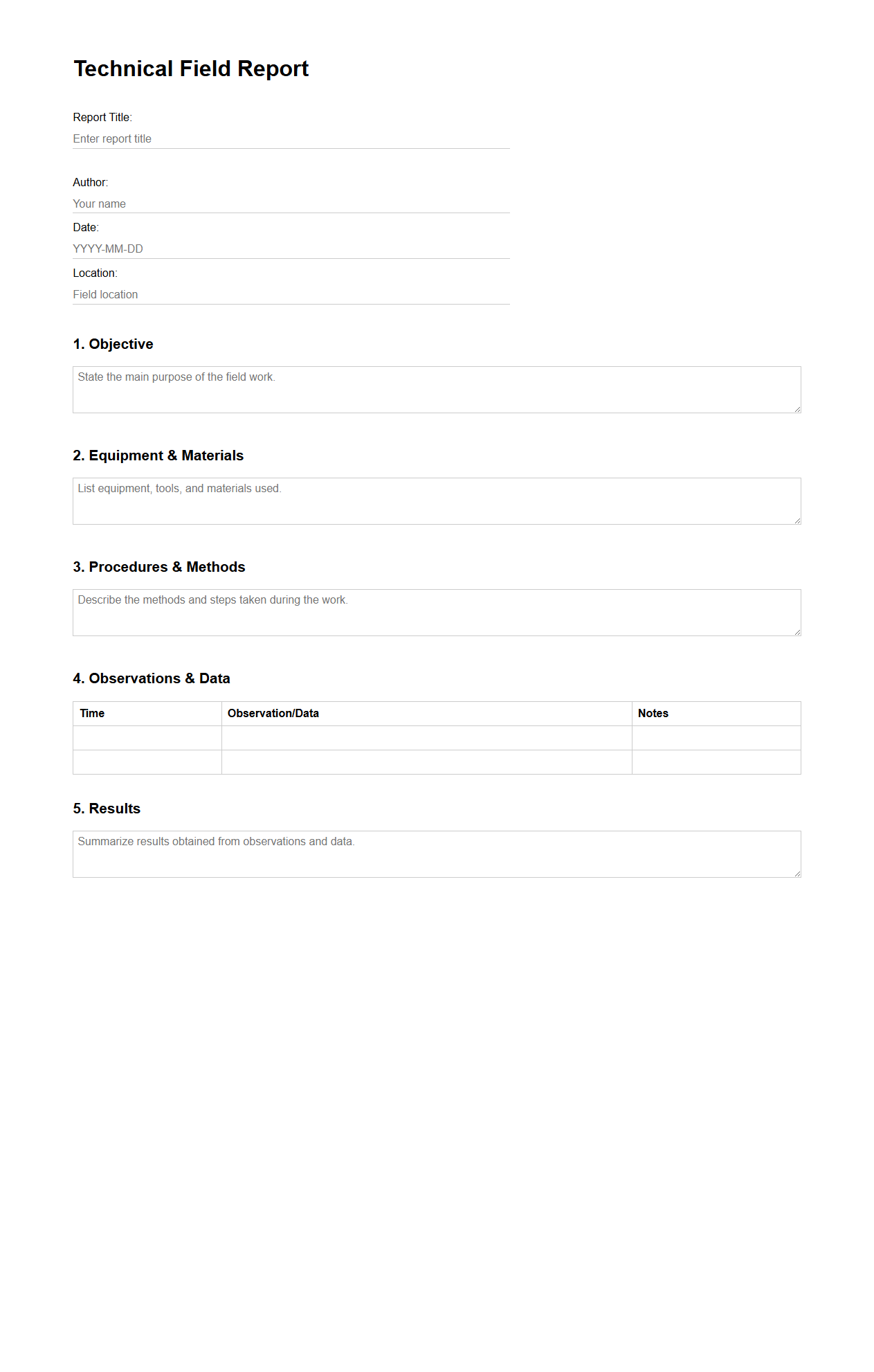 Blank Technical Field Report Template