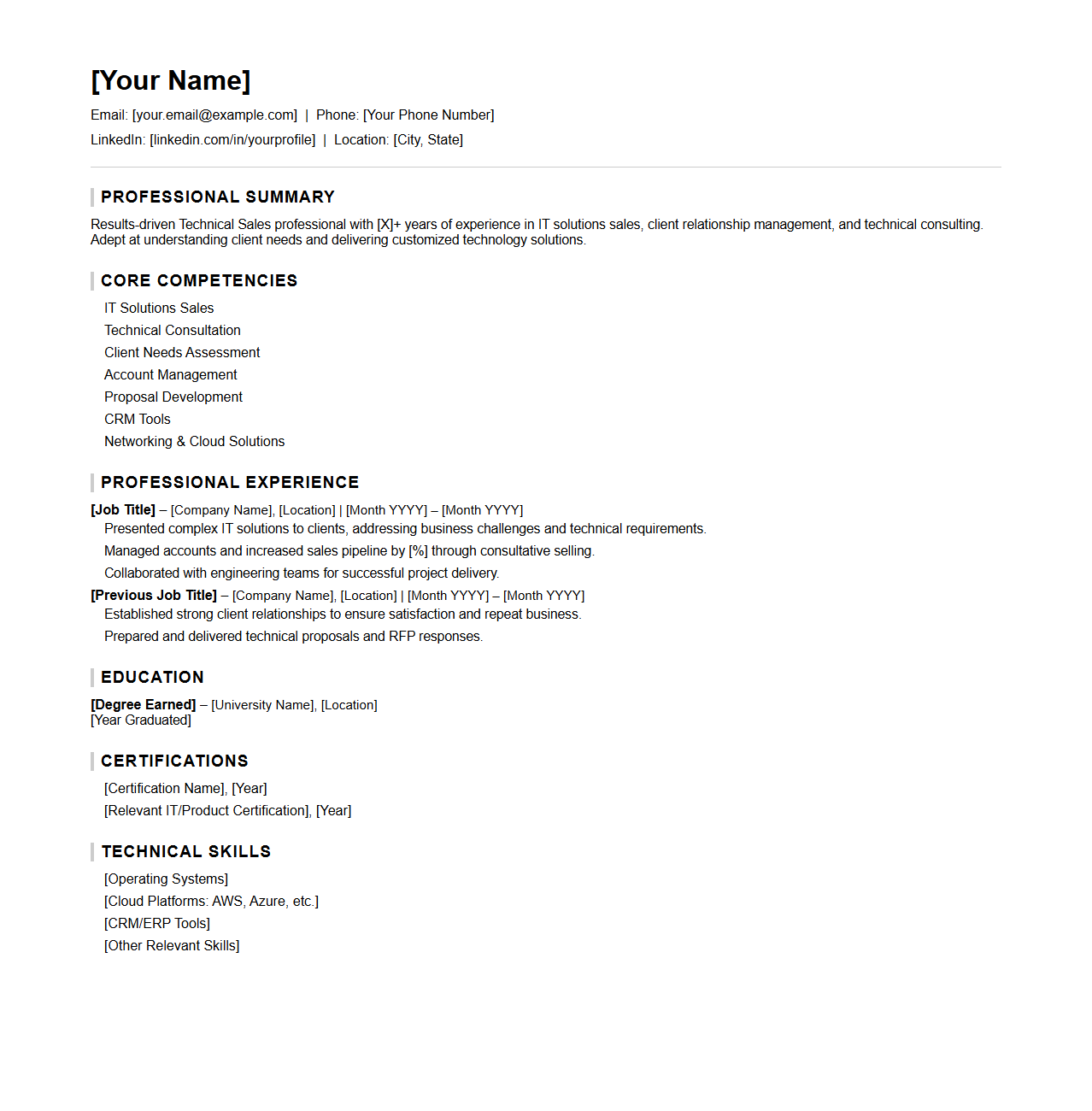Blank Technical Sales Resume Template for IT Solutions
