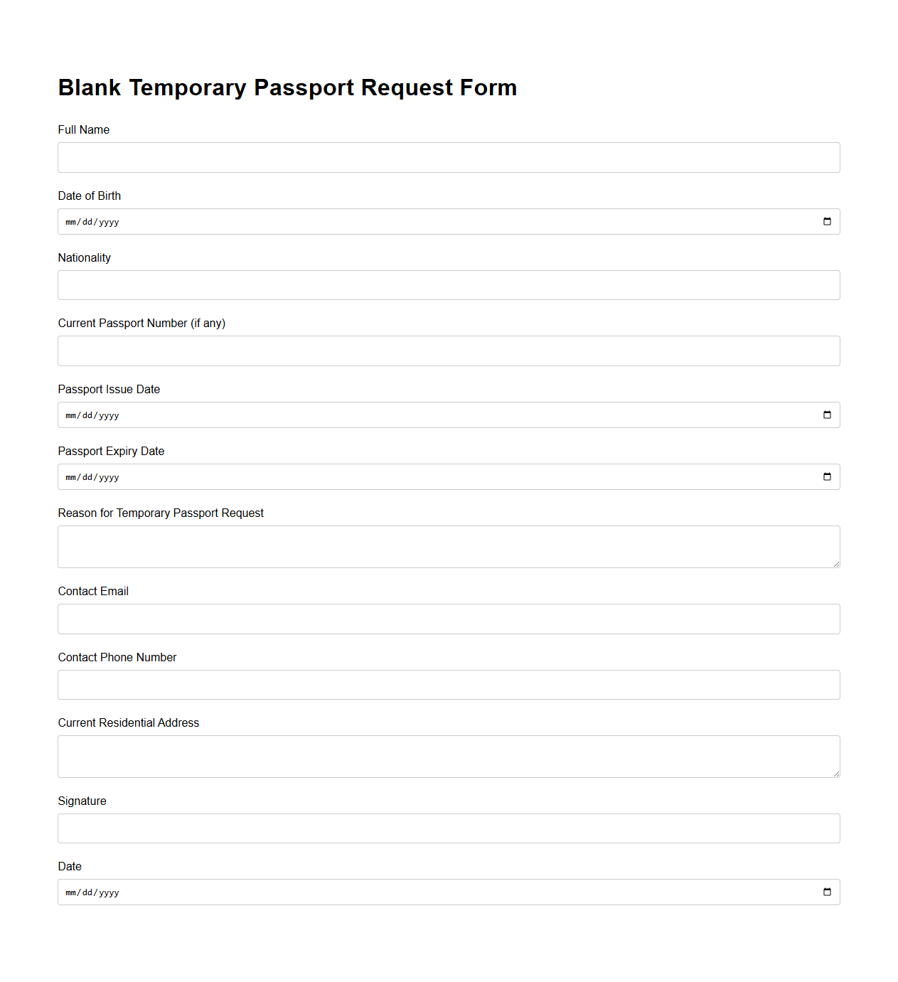 Blank Temporary Passport Request Form Template
