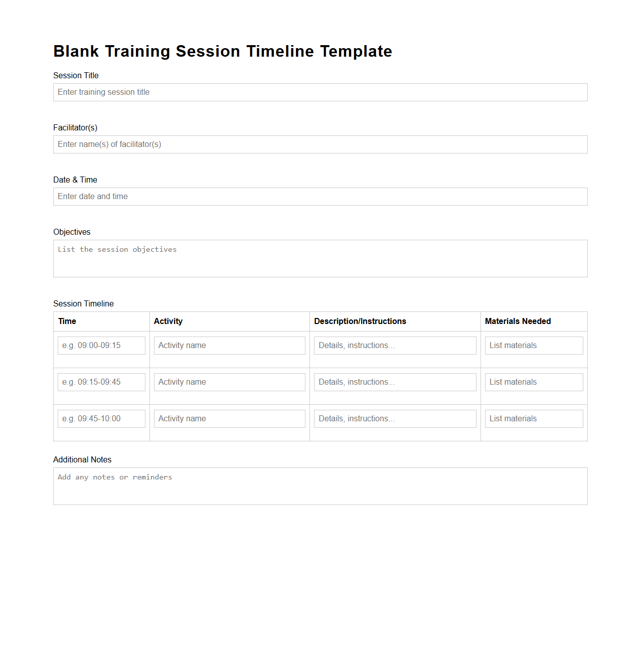 Blank Training Session Timeline Template for Facilitators