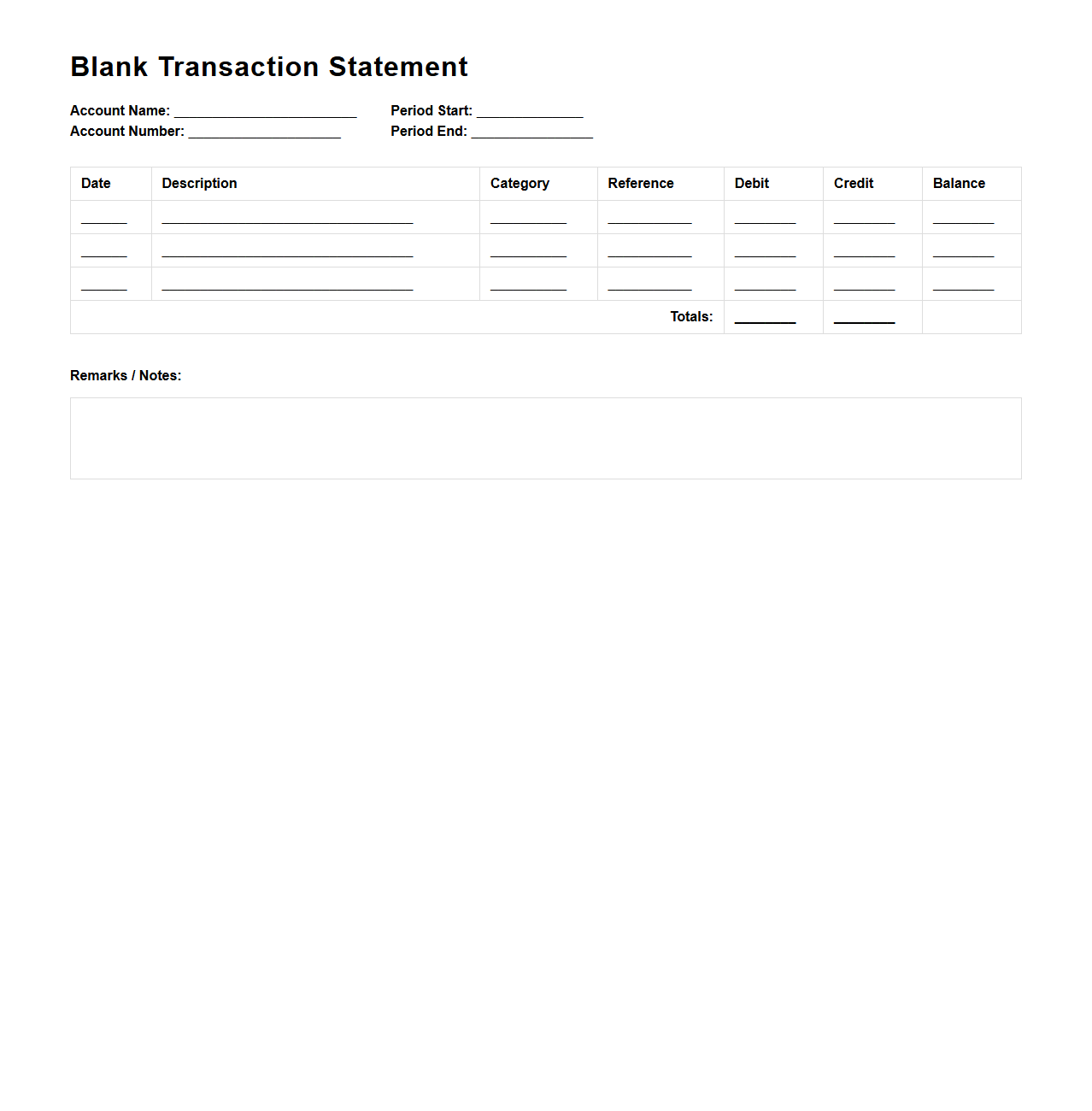 Blank Transaction Statement Template for Financial Tracking