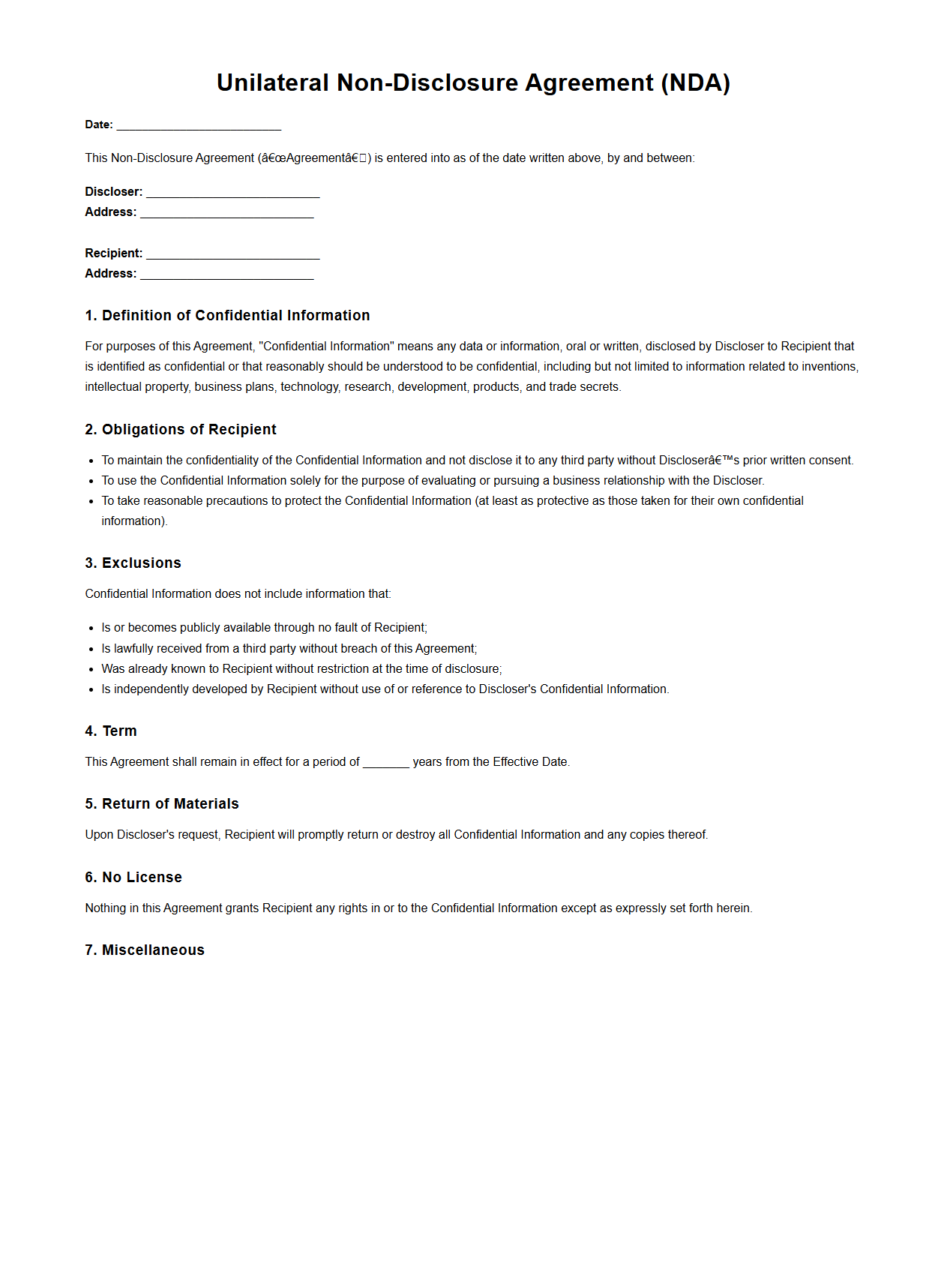 Blank Unilateral Non-Disclosure Form for Intellectual Property