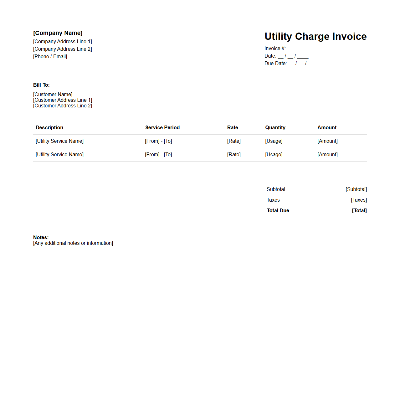 Blank Utility Charge Invoice Layout
