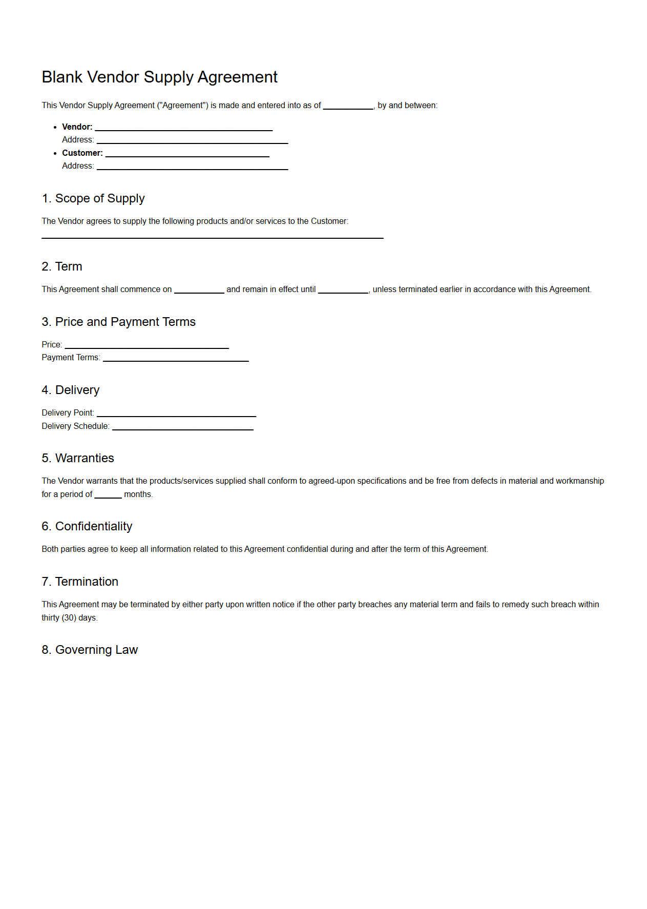 Blank Vendor Supply Agreement Format