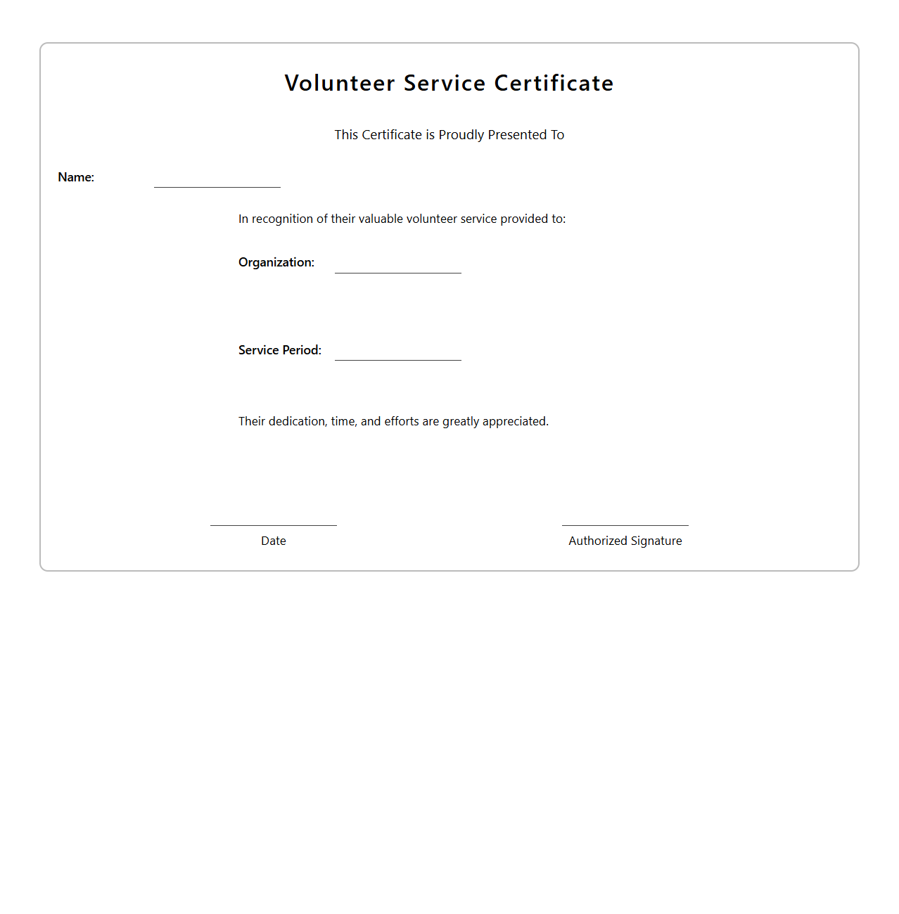 Blank Volunteer Service Certificate Template