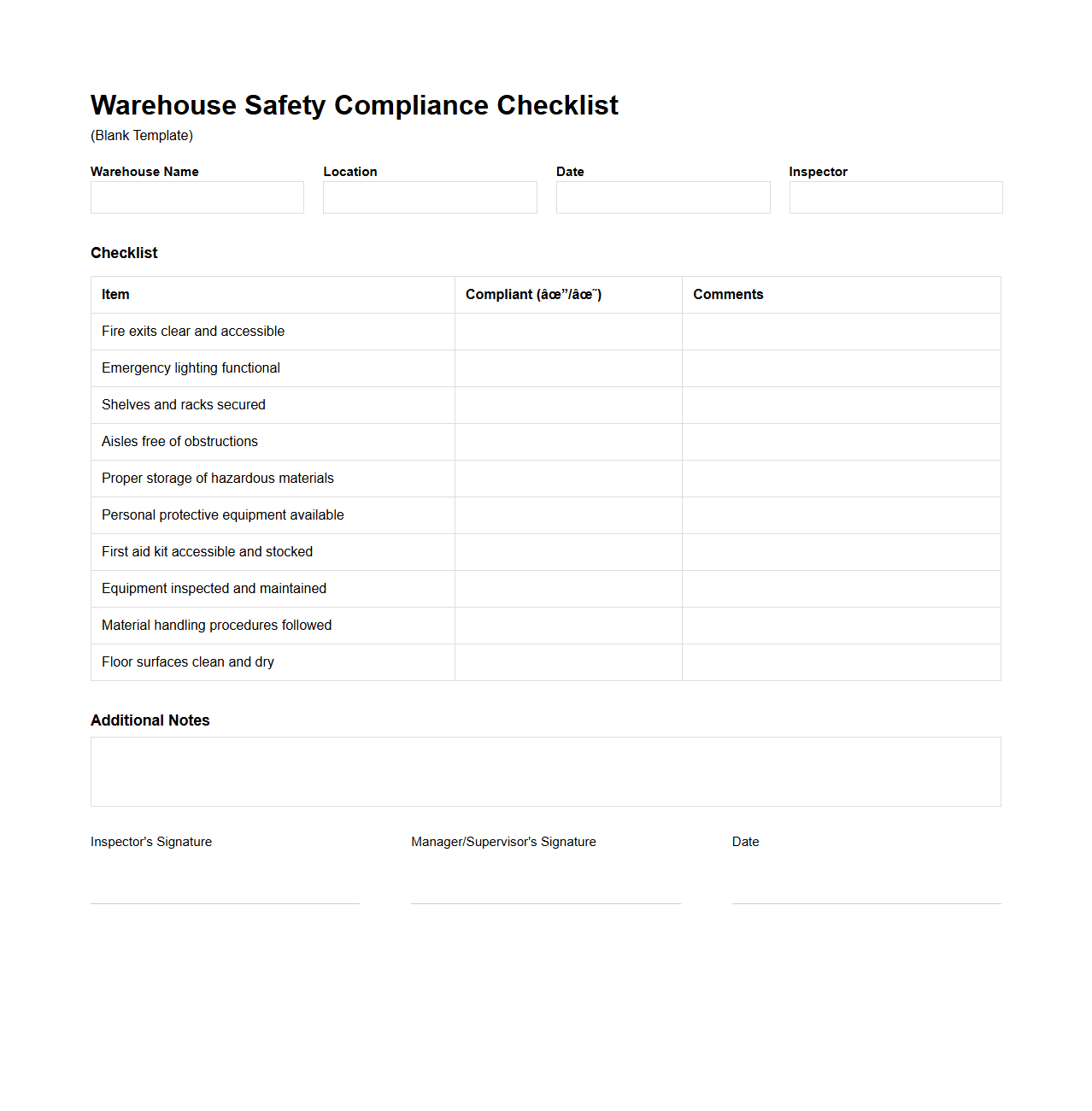 Blank Warehouse Safety Compliance Checklist Template