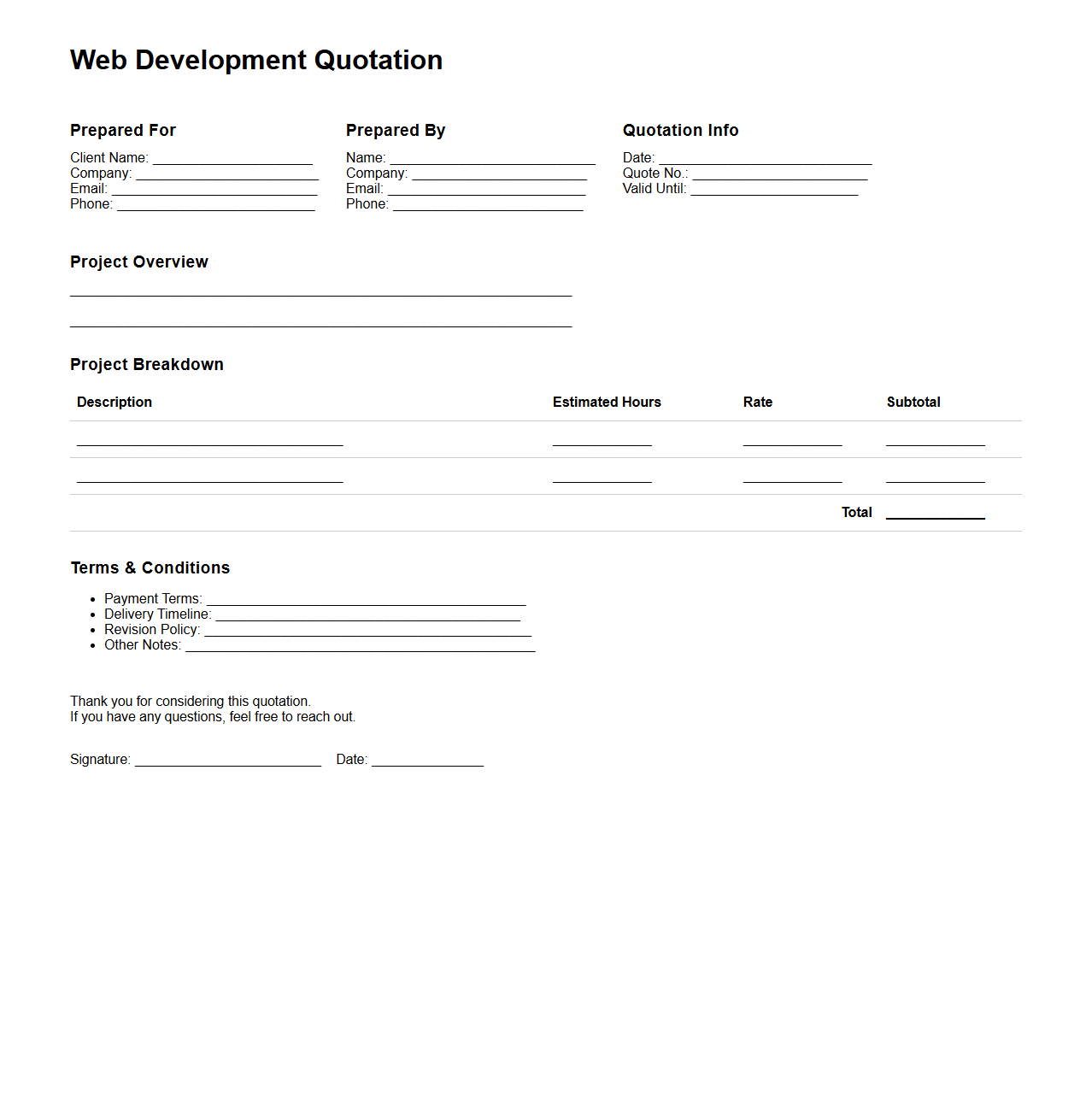 Blank Web Development Quotation Example