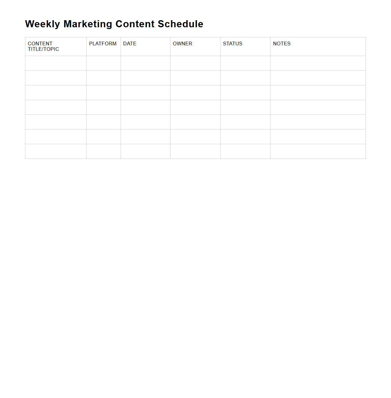 Blank Weekly Marketing Content Schedule