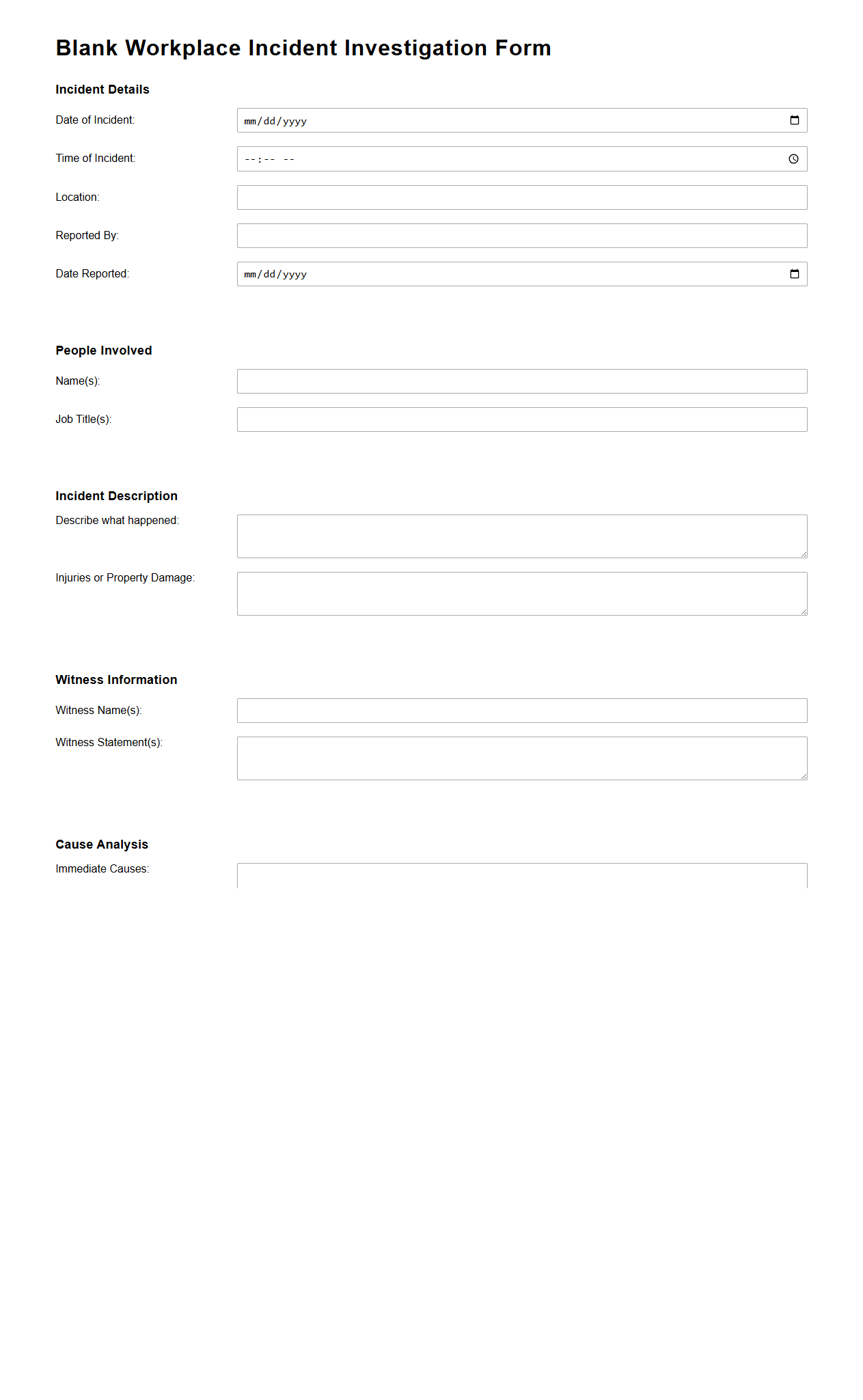 Blank Workplace Incident Investigation Form