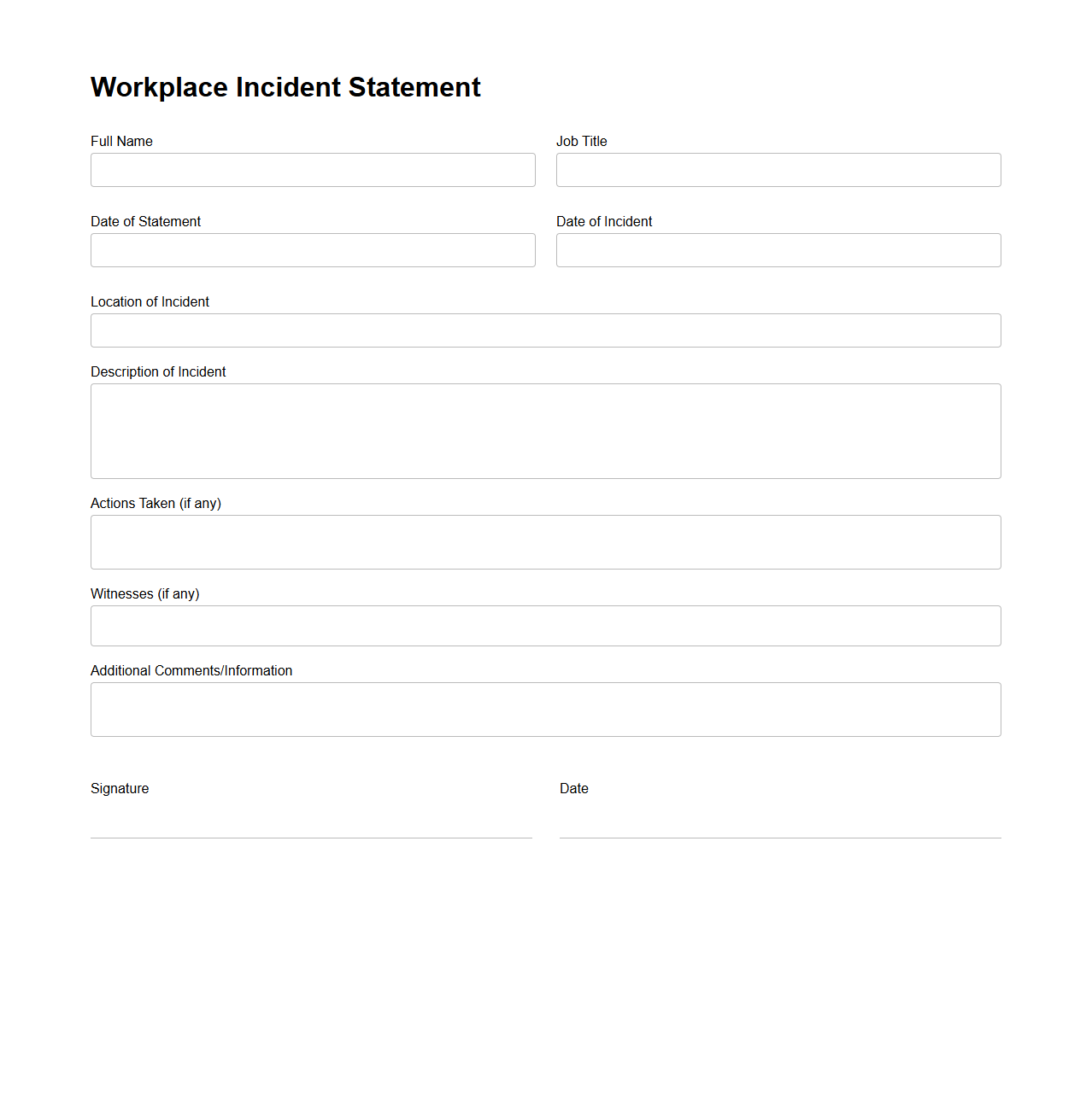 Blank Workplace Incident Statement Template