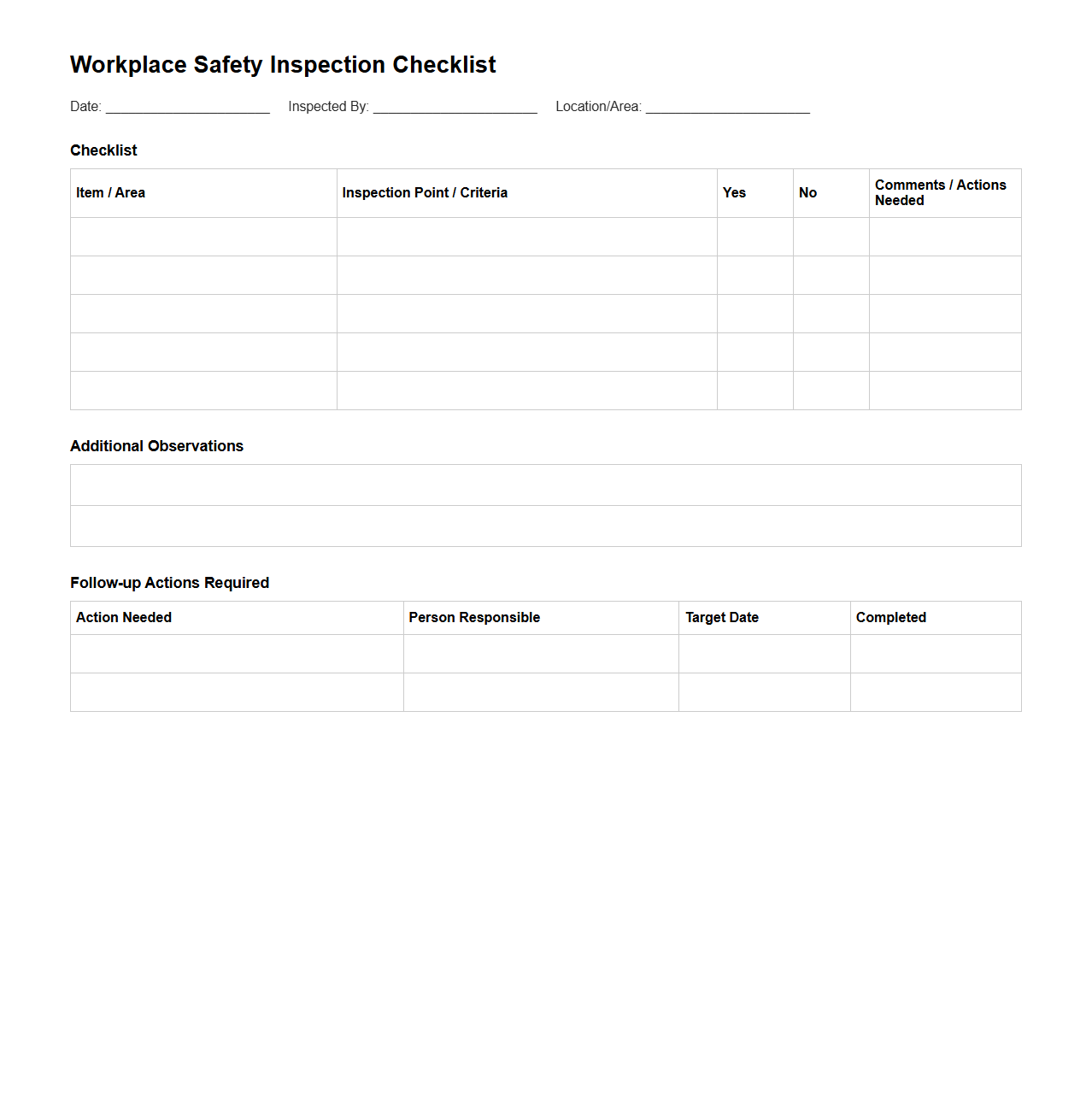 Blank Workplace Safety Inspection Checklist Template