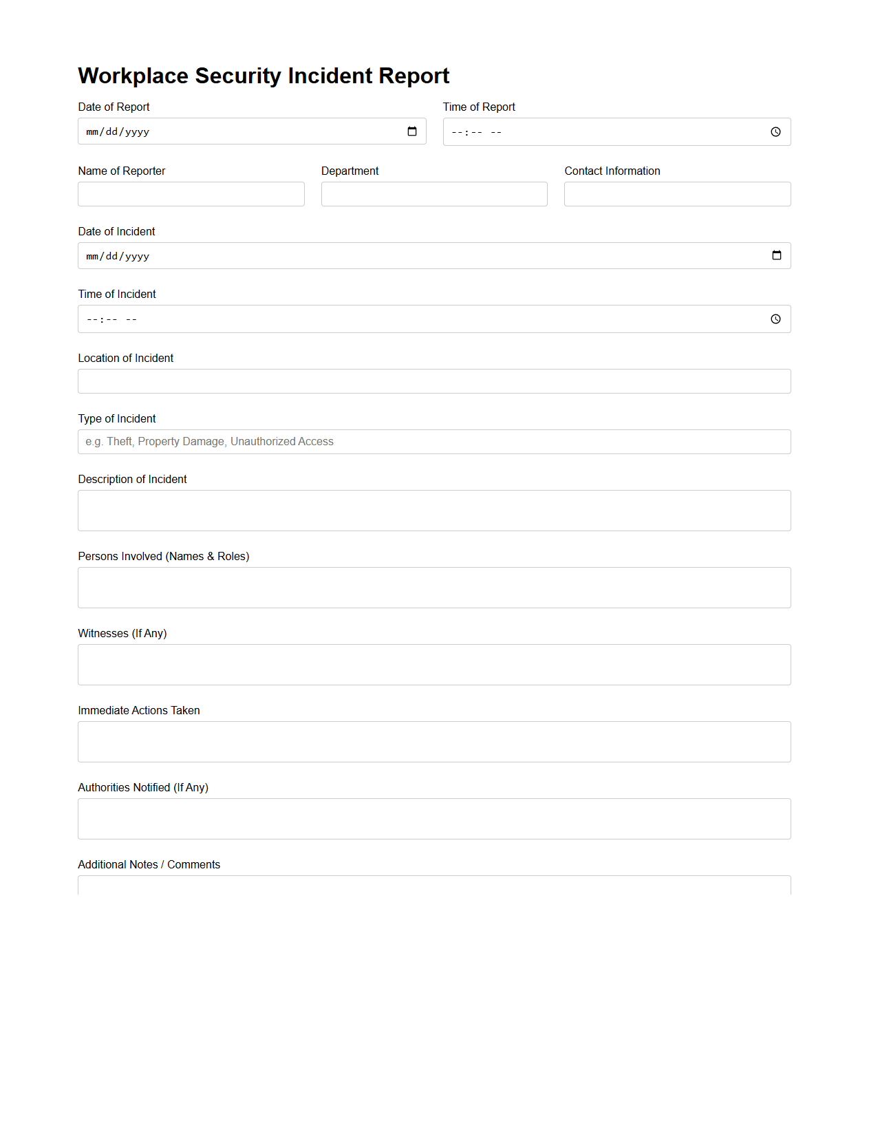 Blank Workplace Security Incident Report Template