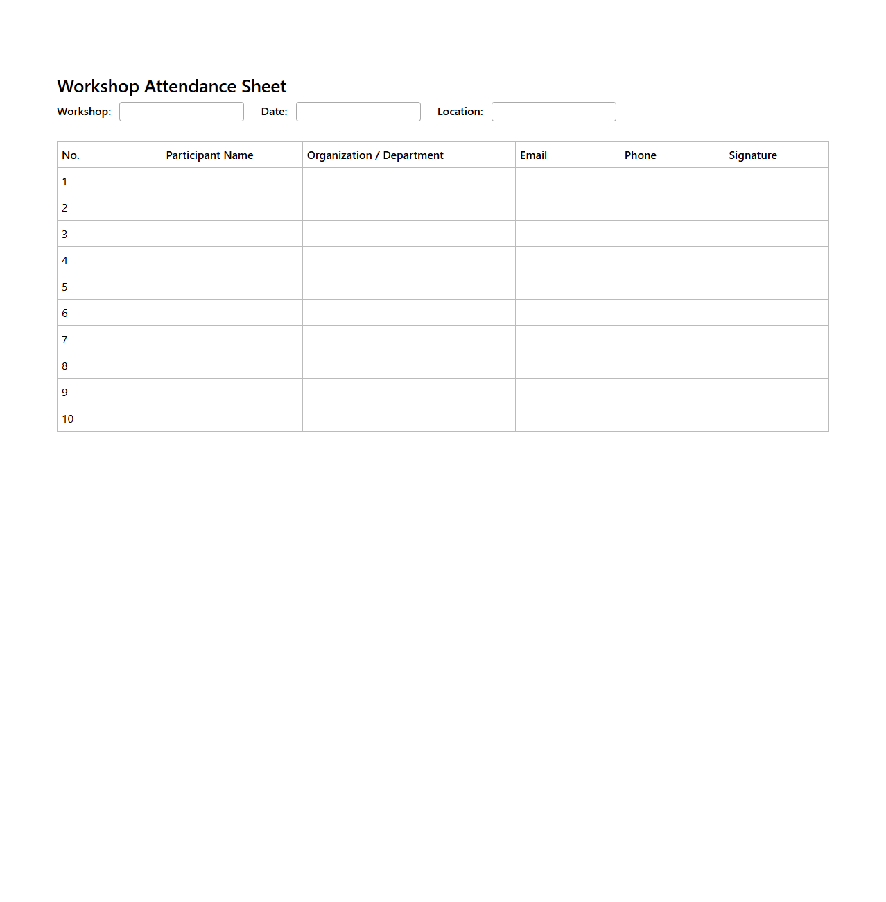 Blank Workshop Attendance Sheet Template