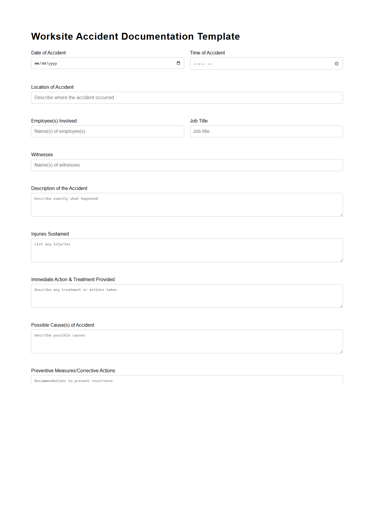 Blank Worksite Accident Documentation Template