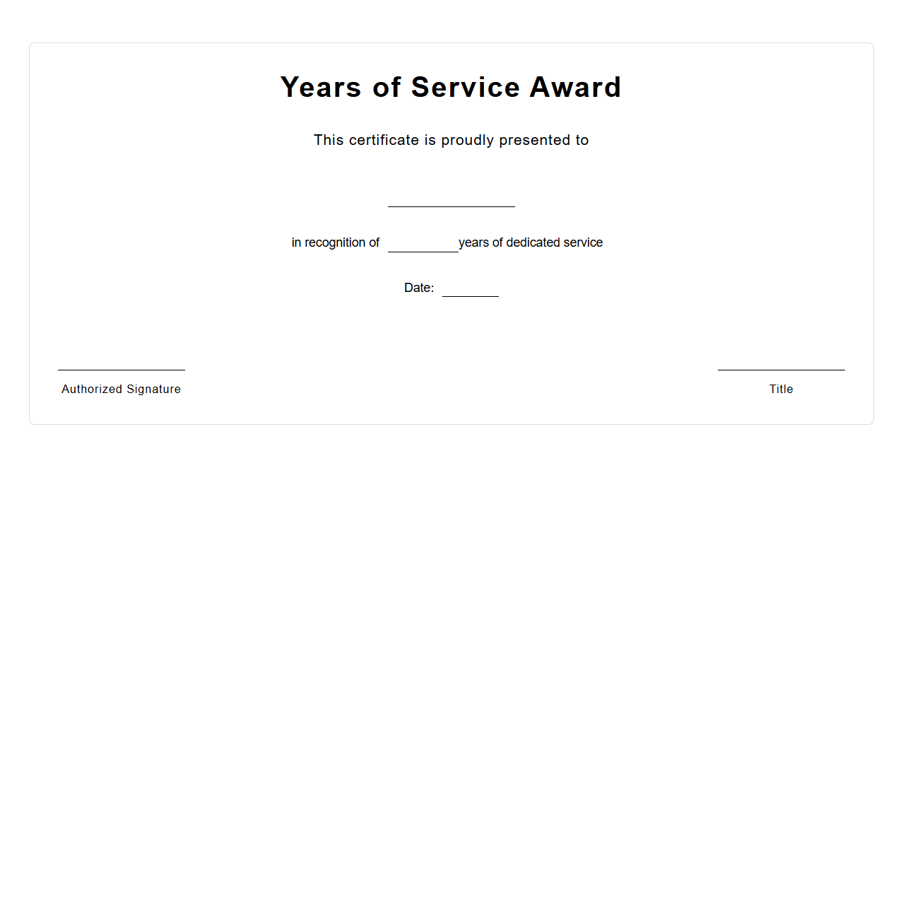 Blank Years of Service Award Template