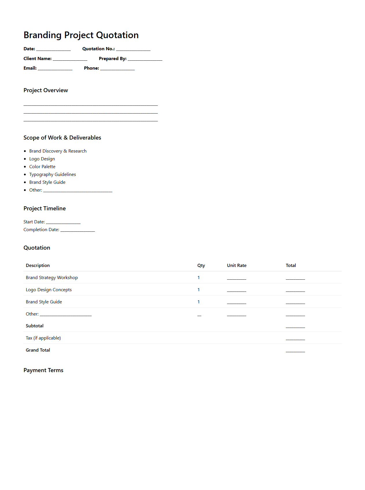 Branding Project Quotation Template for Designers