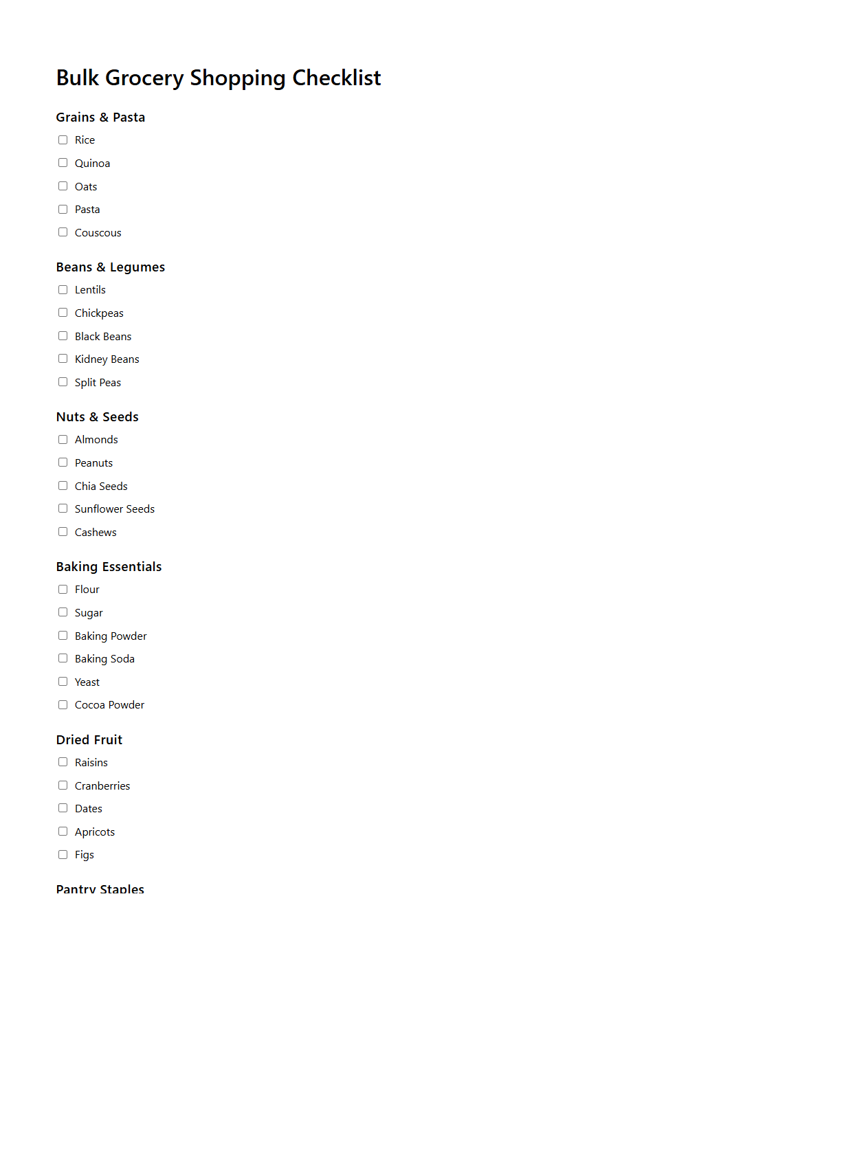 Bulk Grocery Shopping Checklist