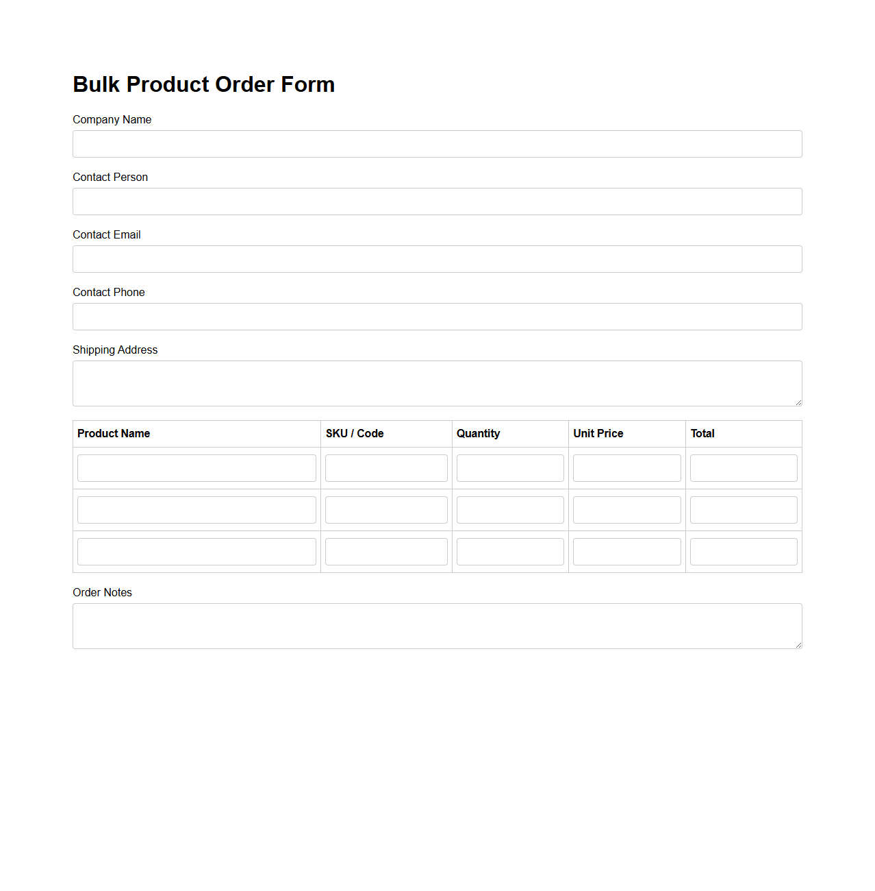 Bulk Product Order Form Sample