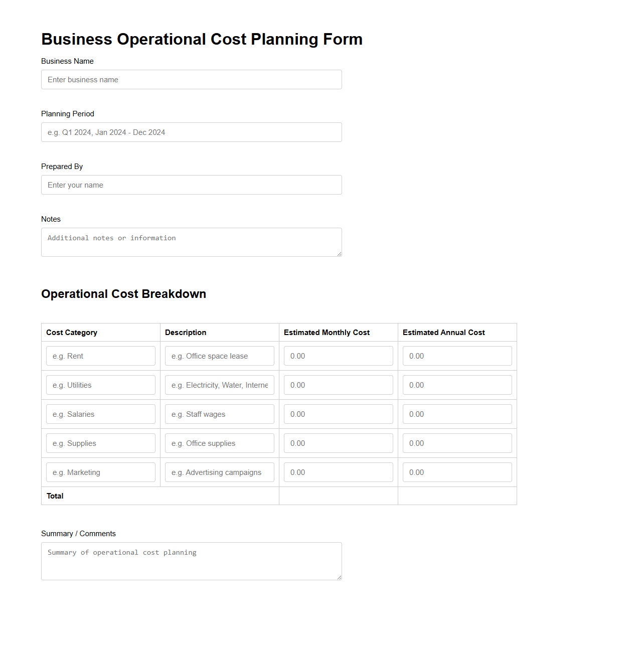 Business Operational Cost Planning Form