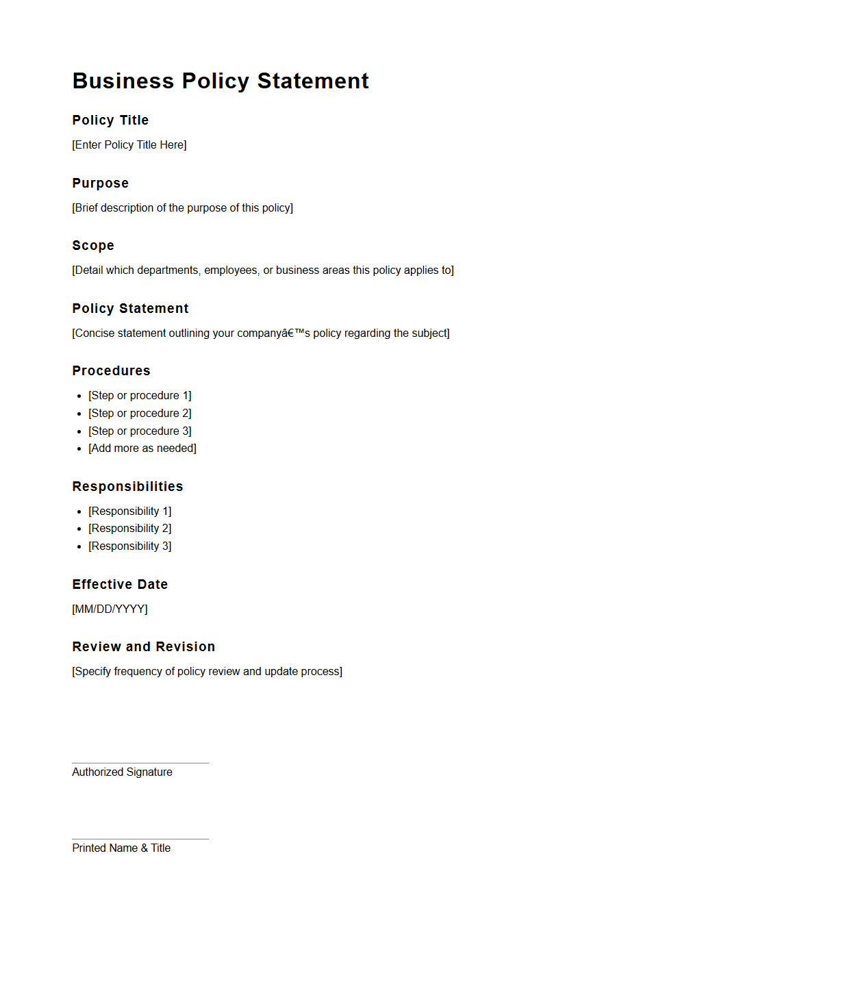 Business Policy Statement Sample Format