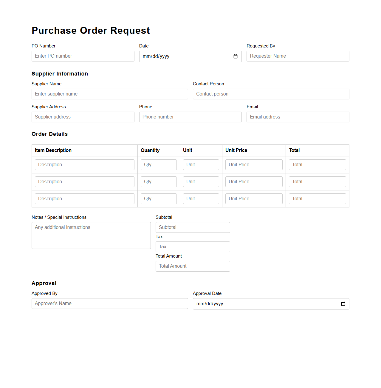 Business Purchase Order Request Template