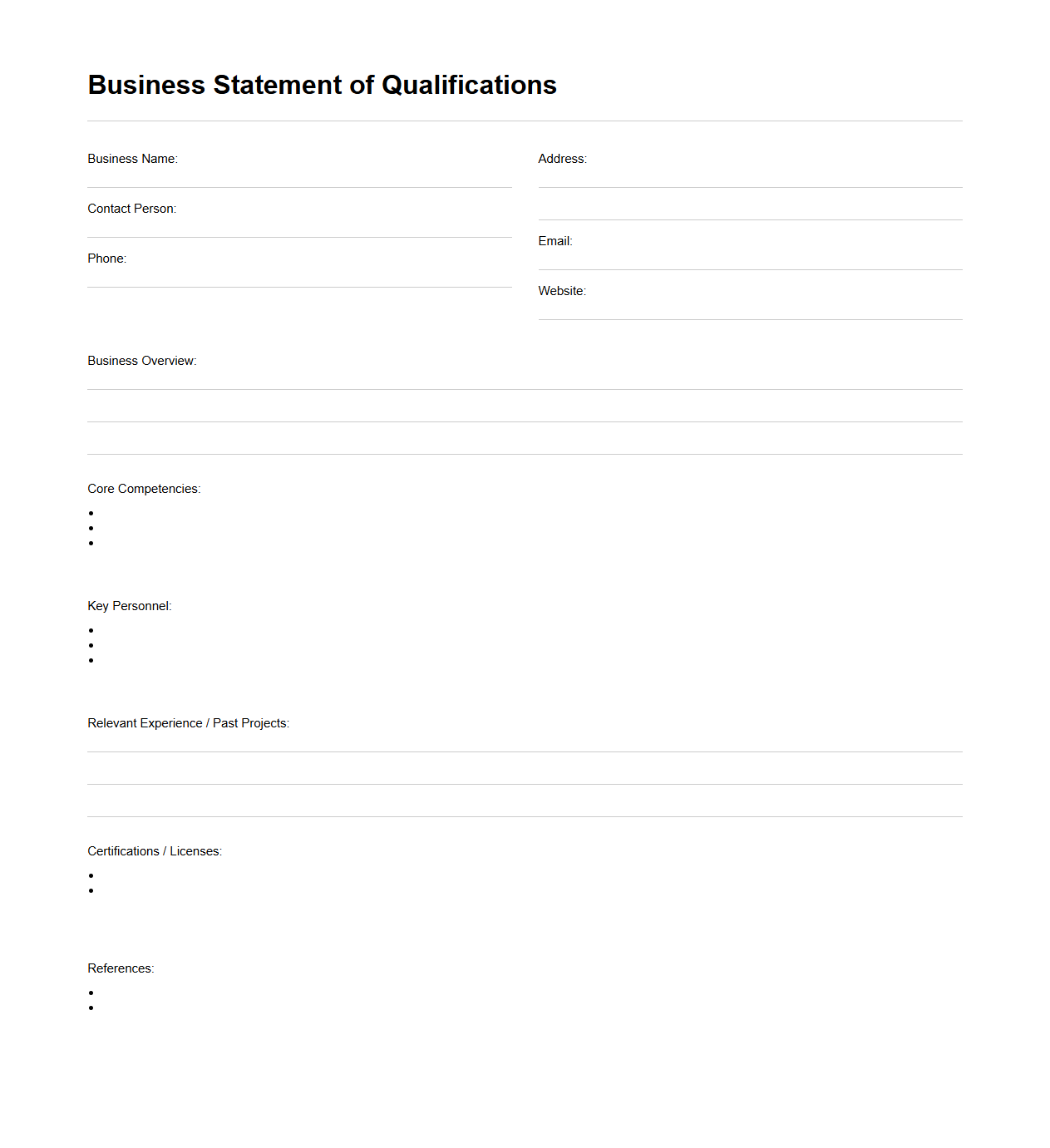 Business Statement of Qualifications Sheet