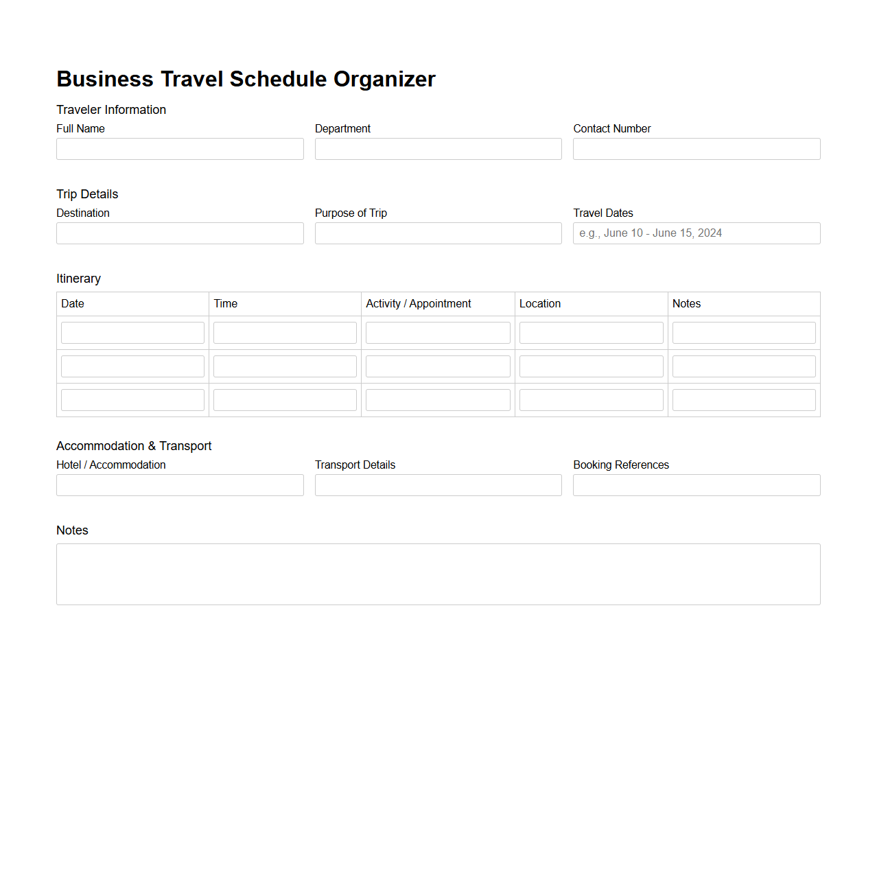 Business Travel Schedule Organizer Template