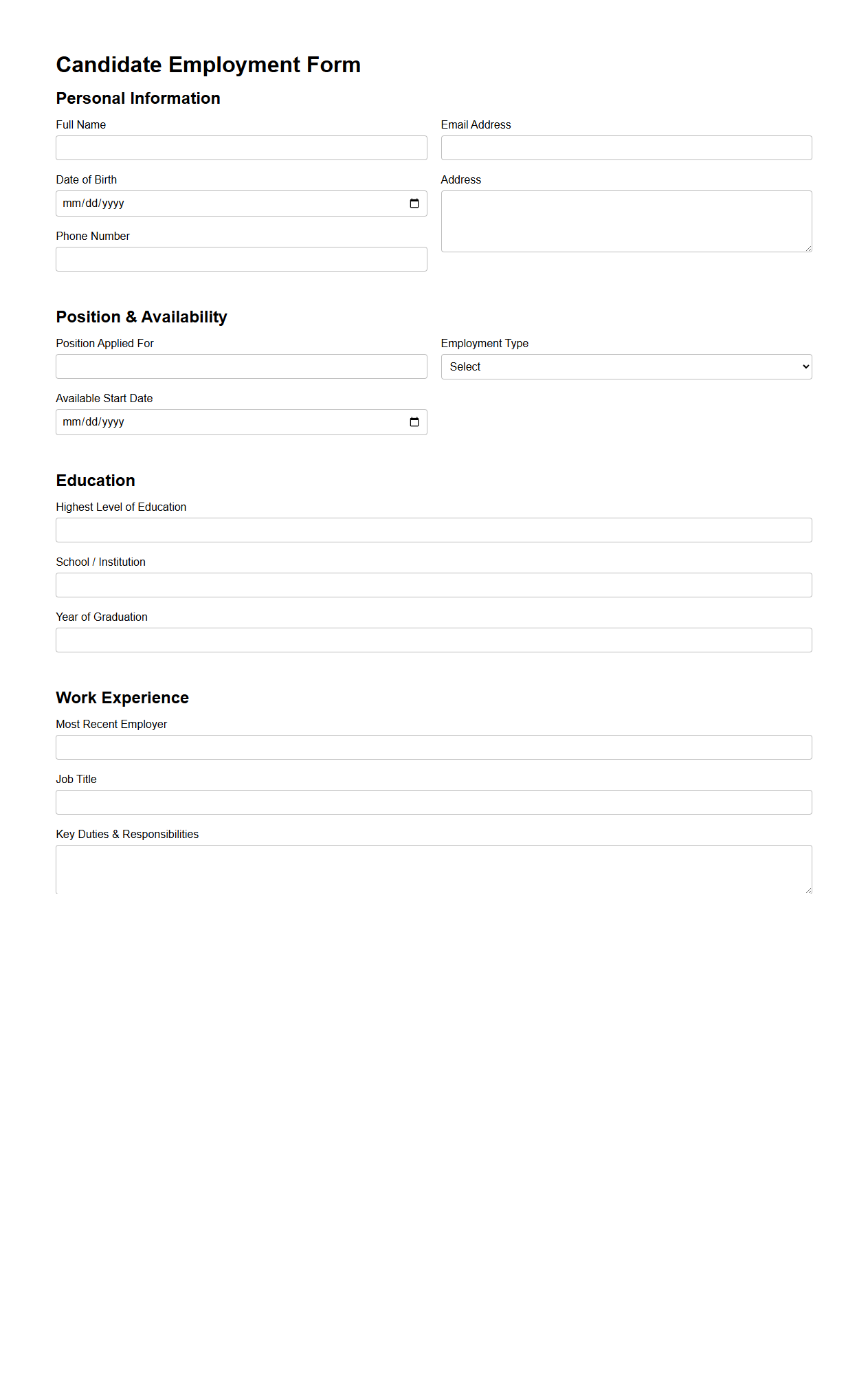 Candidate Employment Form Template