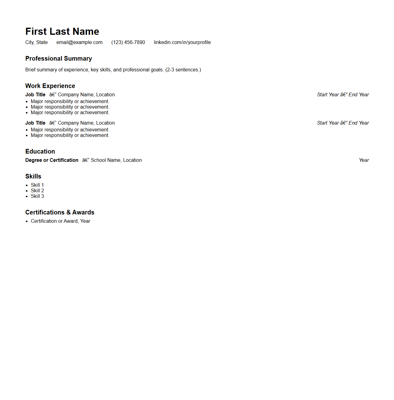 Career Chronological Resume Structure