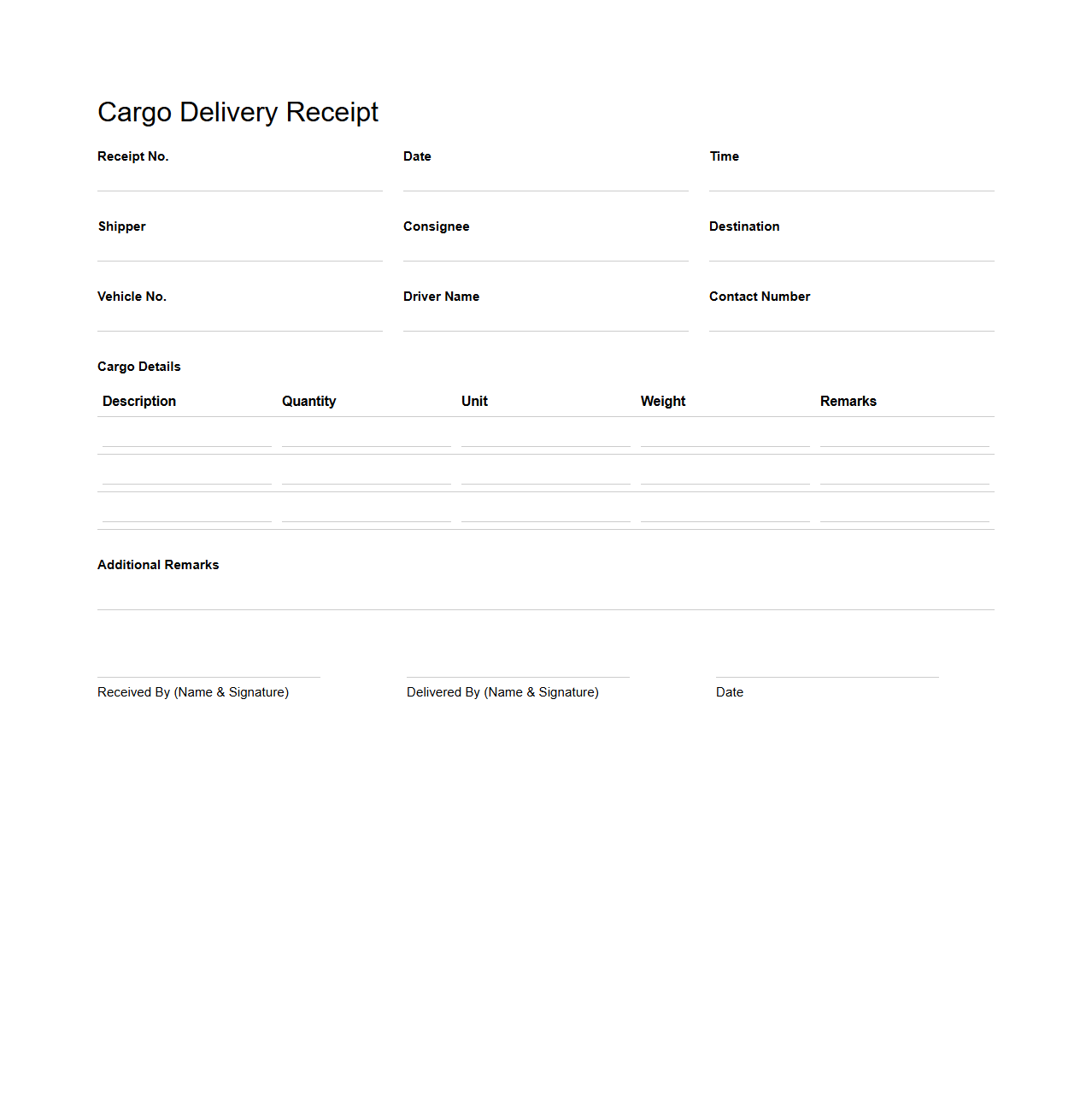 Cargo Delivery Receipt Document Template