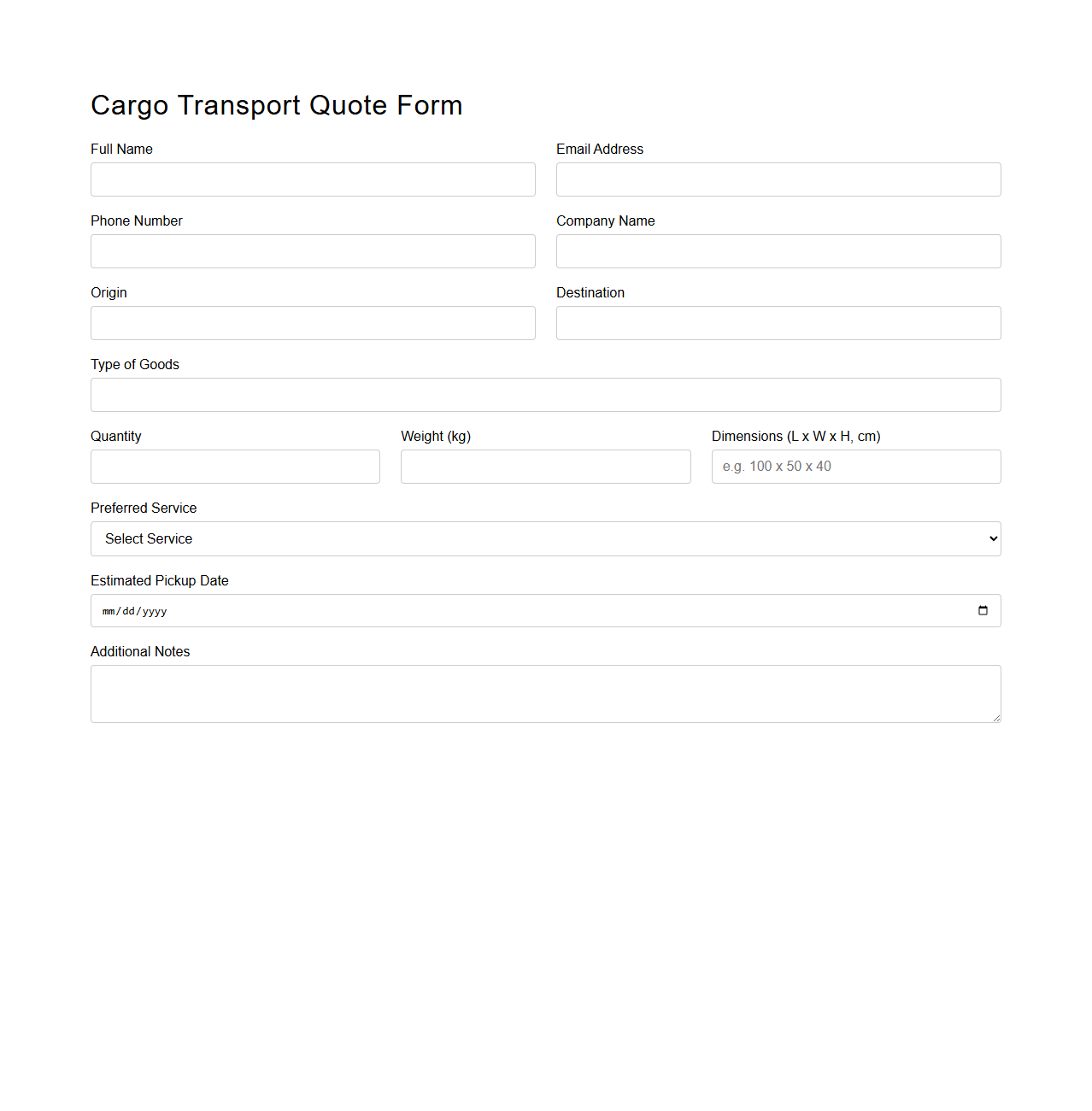 Cargo Transport Quote Form