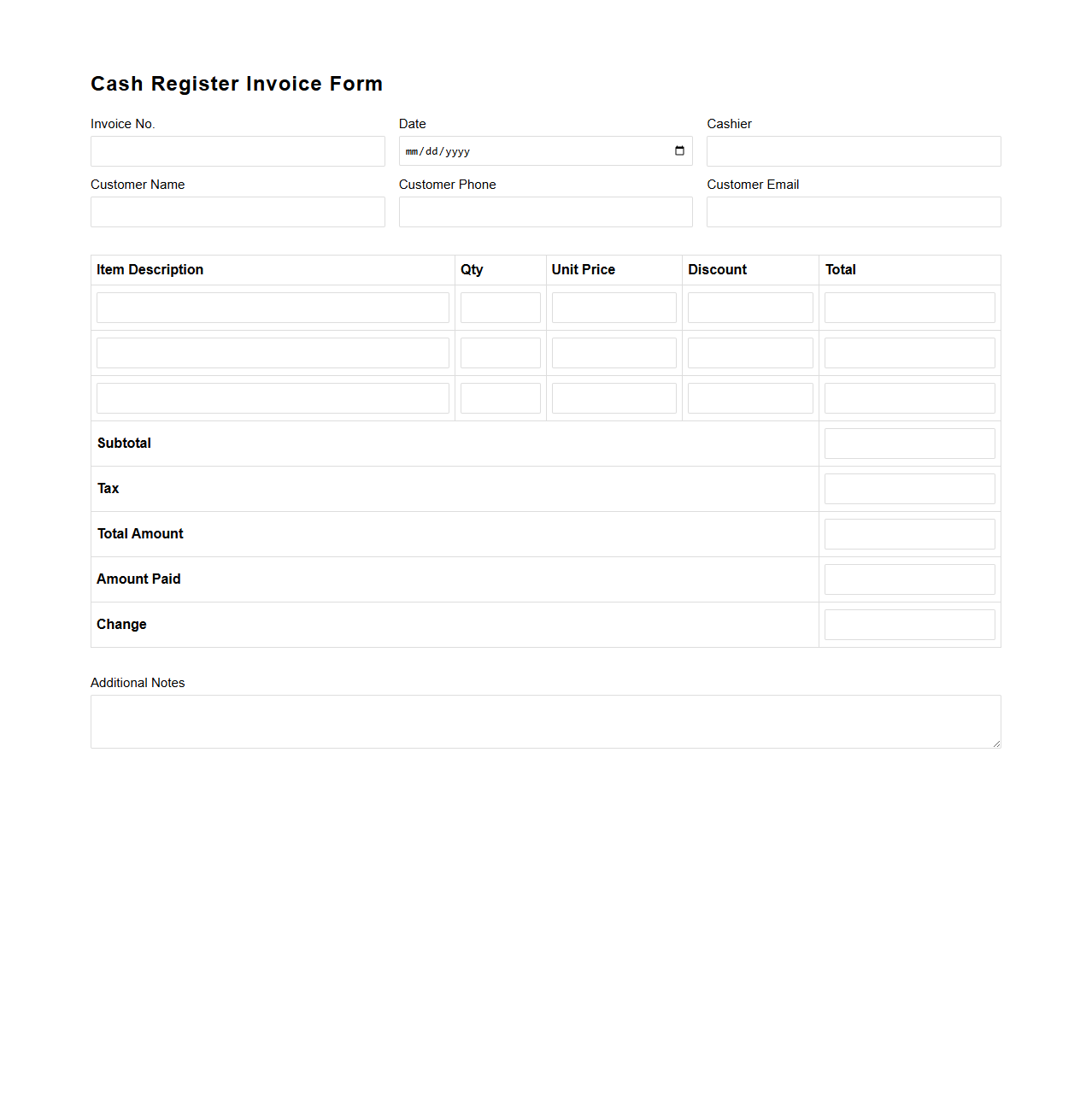 Cash Register Invoice Form for Retail