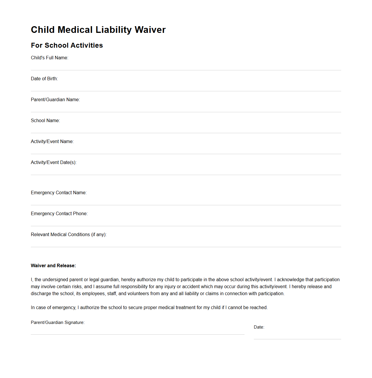 Child Medical Liability Waiver for School Activities